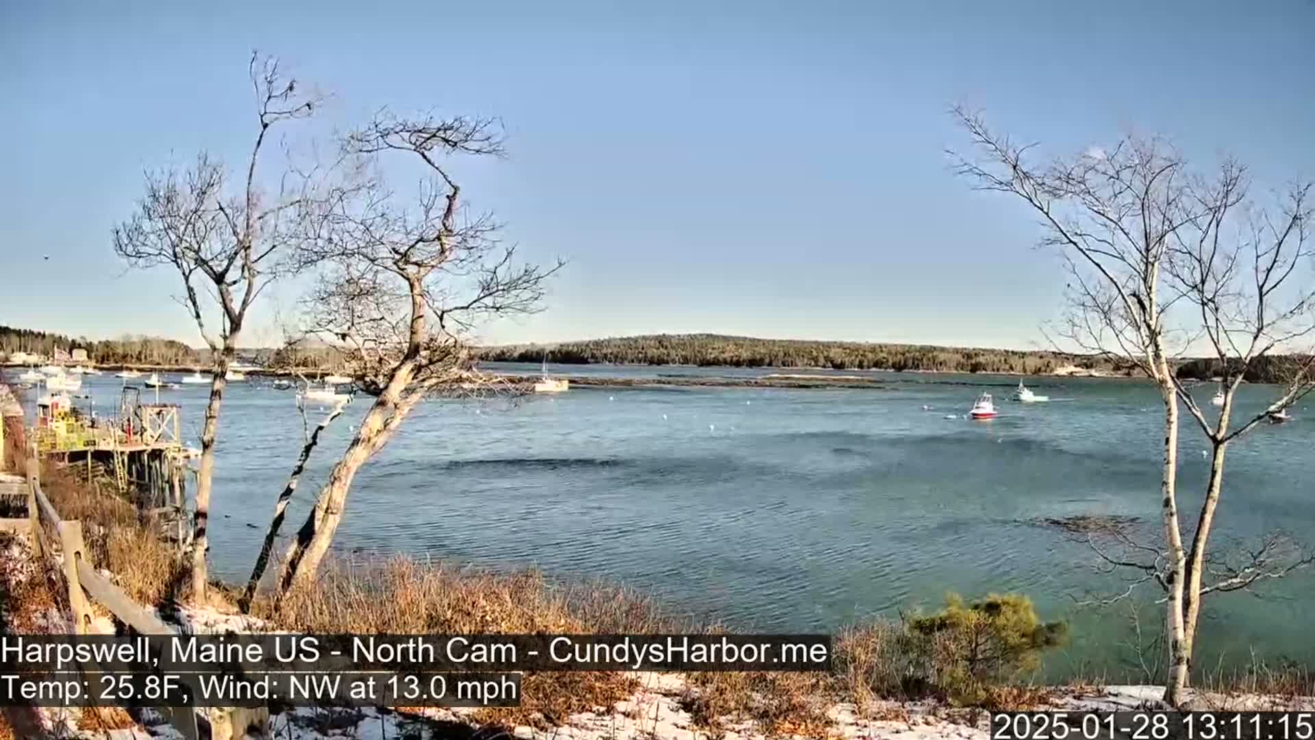 A calm body of water with several boats is seen from a shoreline with leafless trees and a hint of snow on the ground under a clear blue sky.