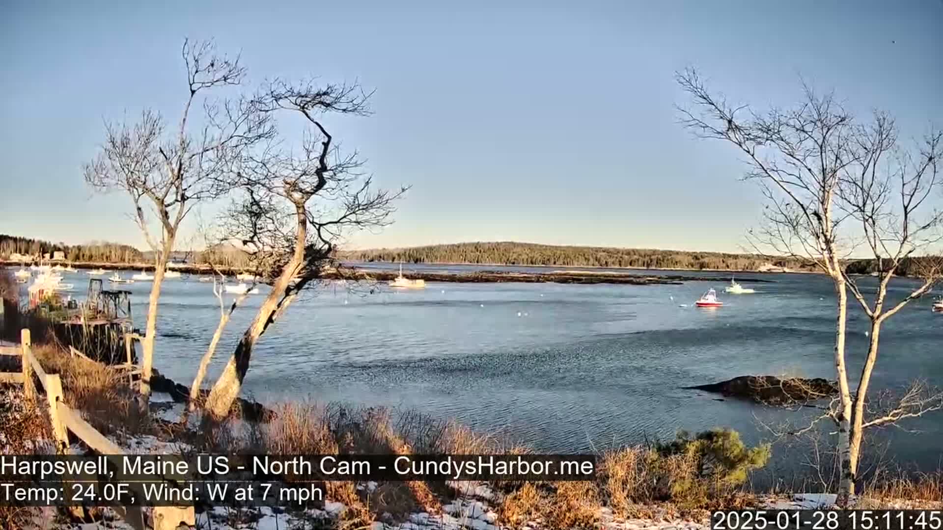 A calm body of water with several boats is seen from a snowy shoreline, under a clear, sunny sky.