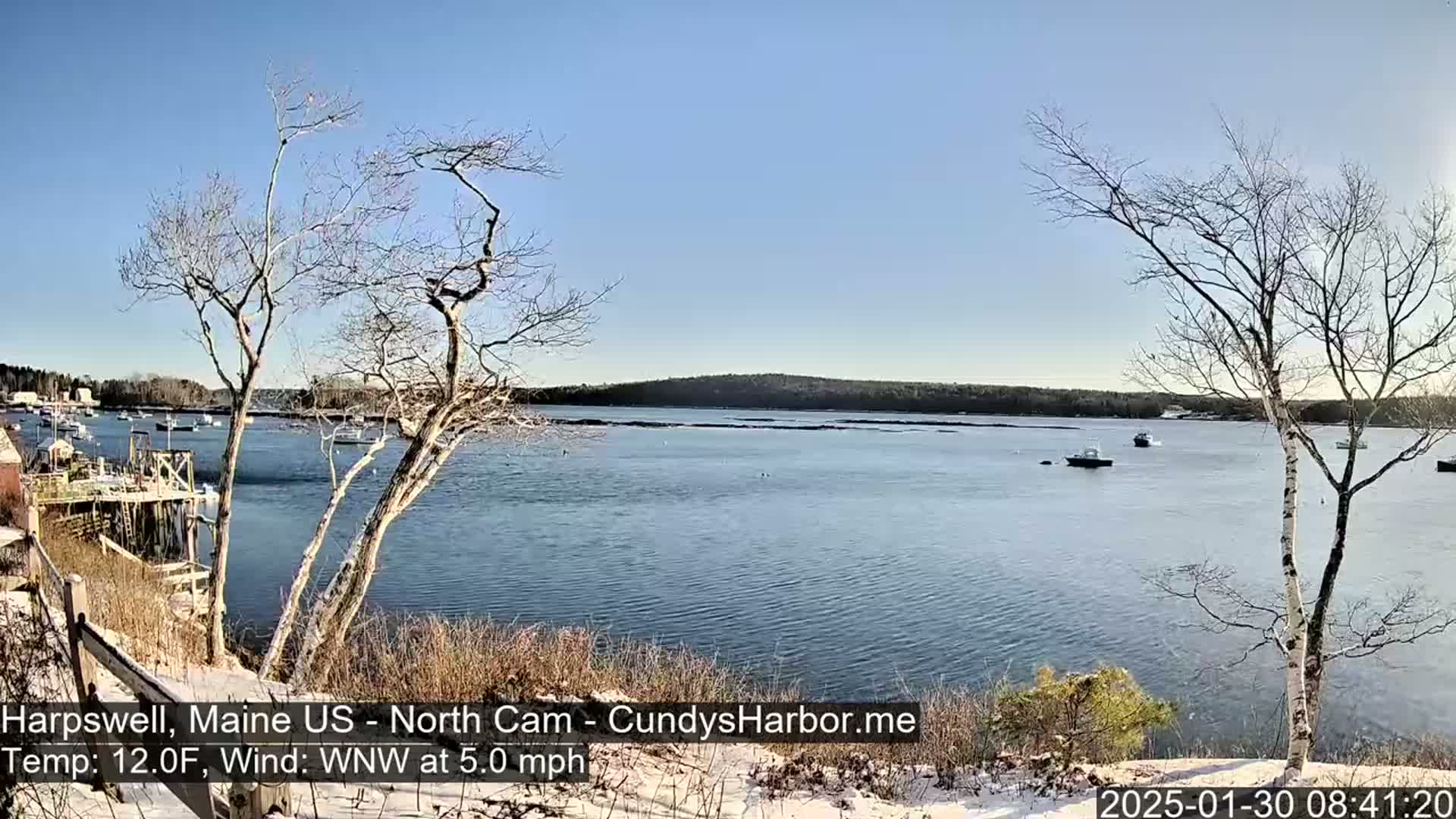 A calm body of water with a few boats is viewed from a snow-dusted shoreline, under a clear blue sky, with bare trees in the foreground and a distant tree line.