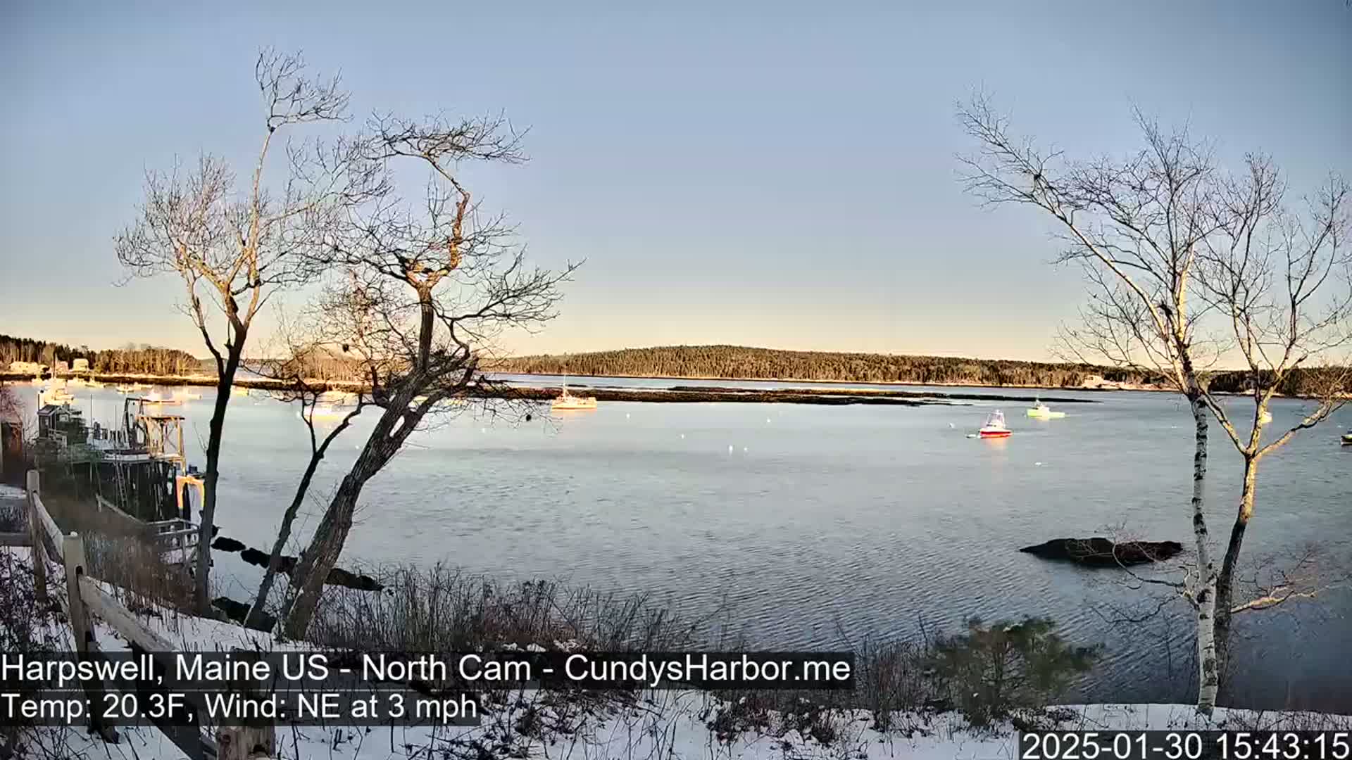 A calm harbor with several small boats is viewed from a snow-covered shoreline under a clear, light blue sky.