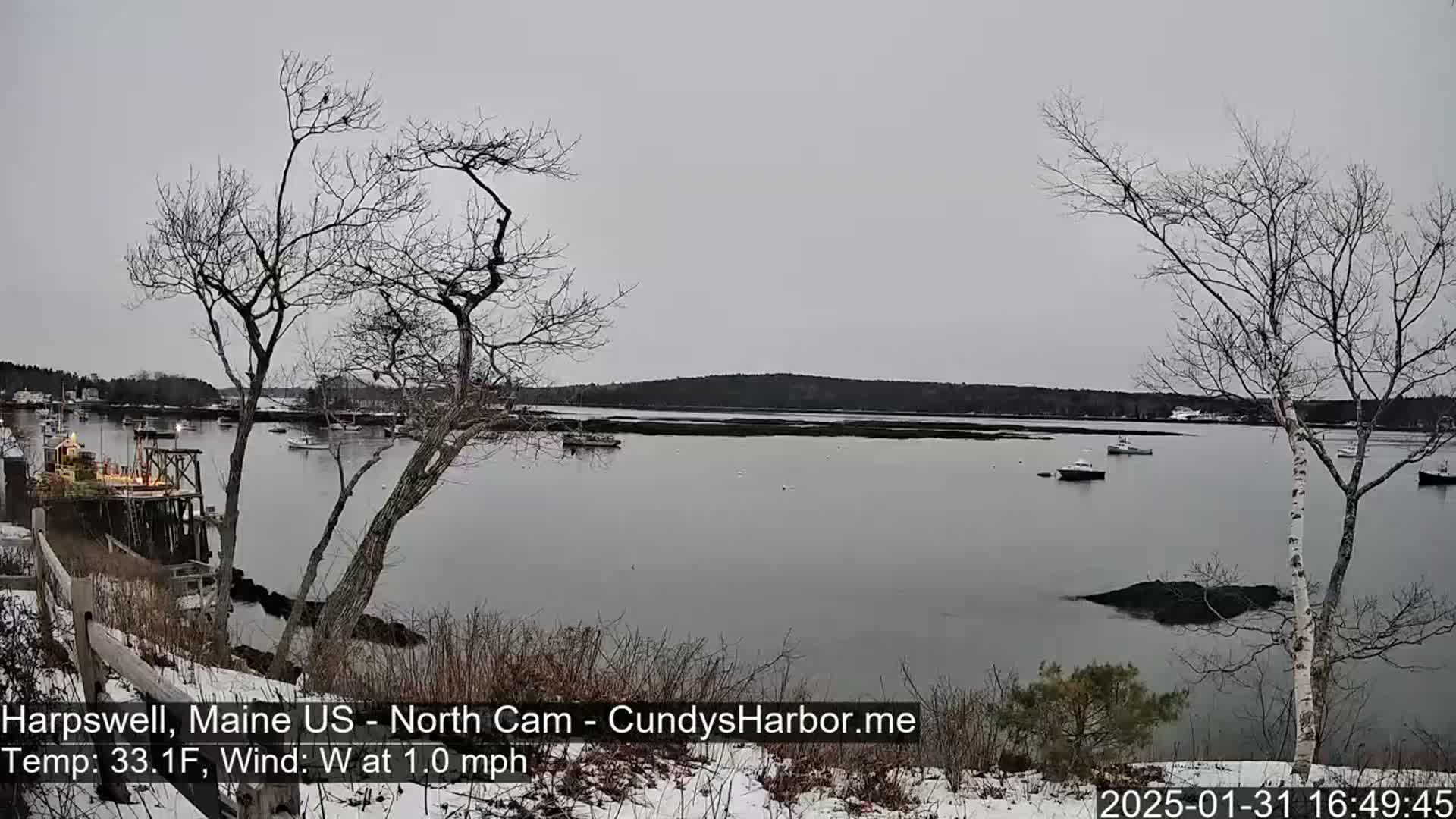 A calm, overcast day reveals a harbor scene with several boats, bare trees, and a snow-dusted shoreline.