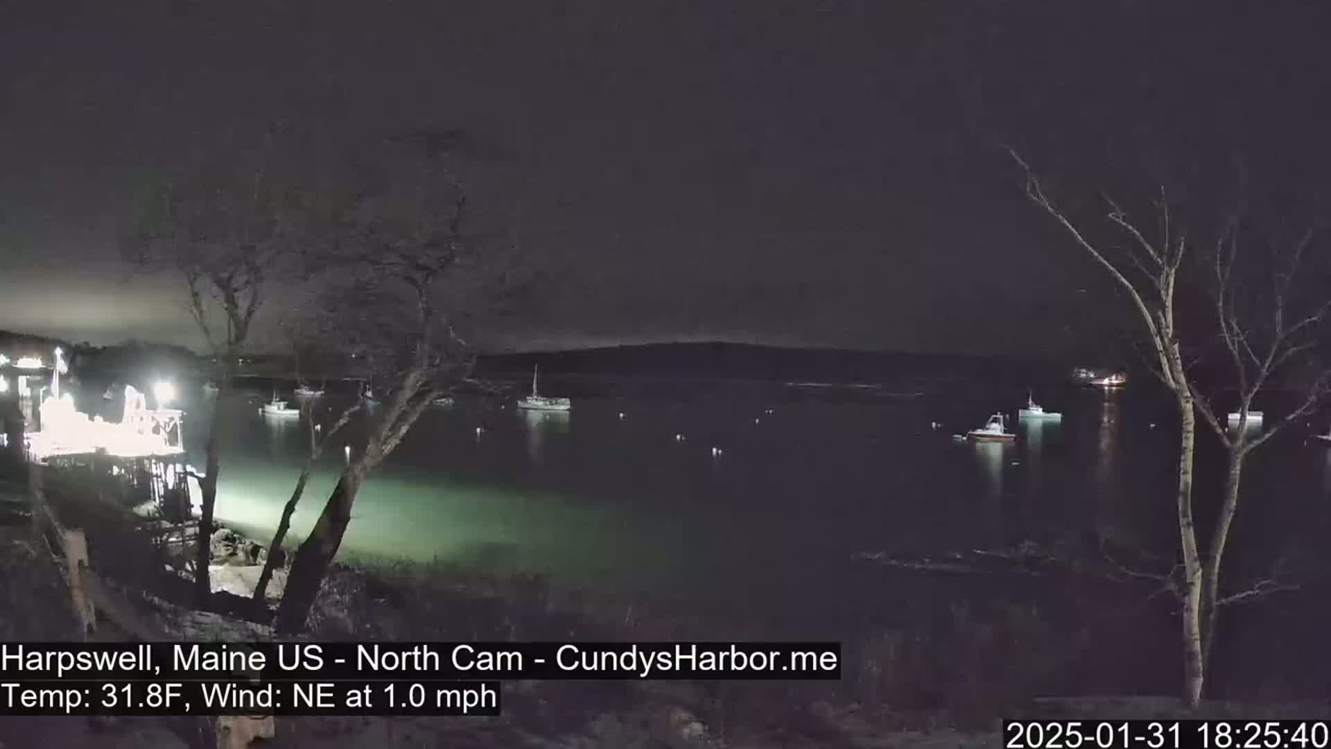 A nighttime view of a harbor with several boats moored, under a dark sky with a northeast wind at 1.0 mph and a temperature of 31.8°F.