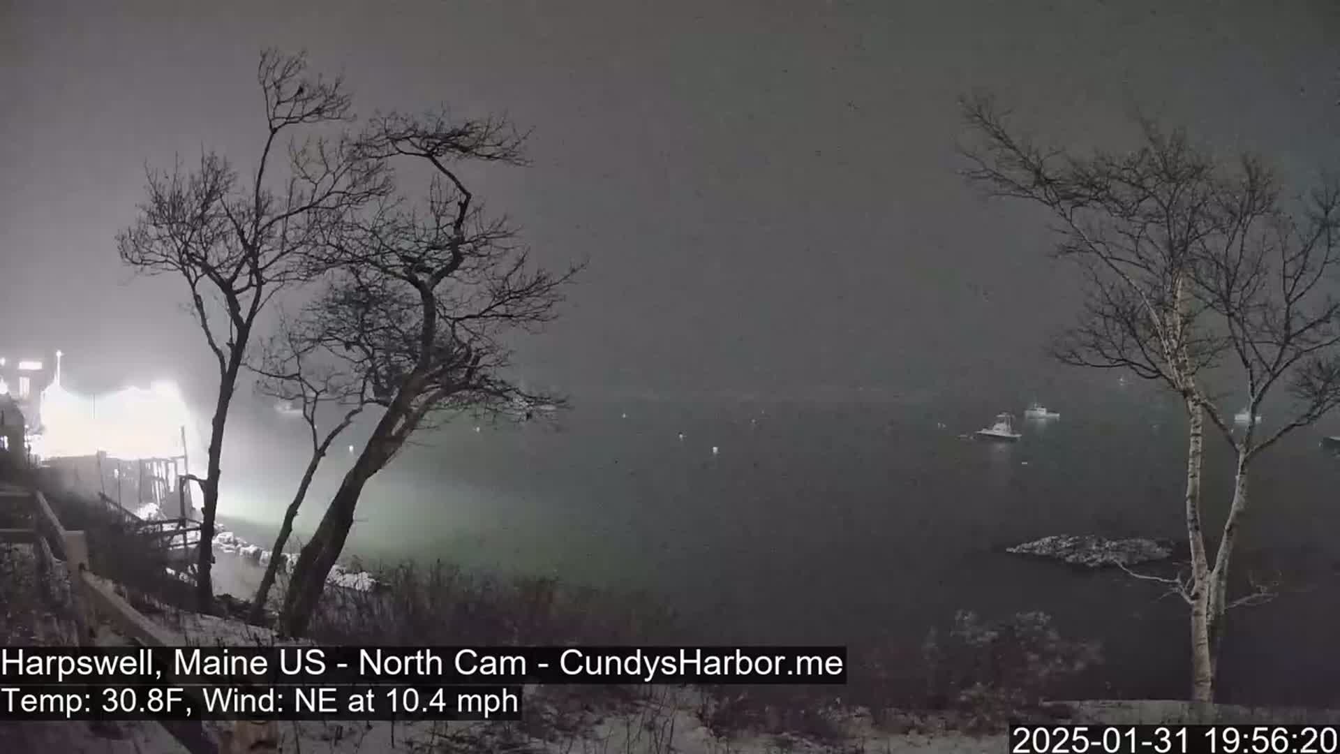 A snowy, nighttime scene shows a dark body of water with a few small boats, viewed from a snow-covered shore with bare trees silhouetted against a hazy sky.