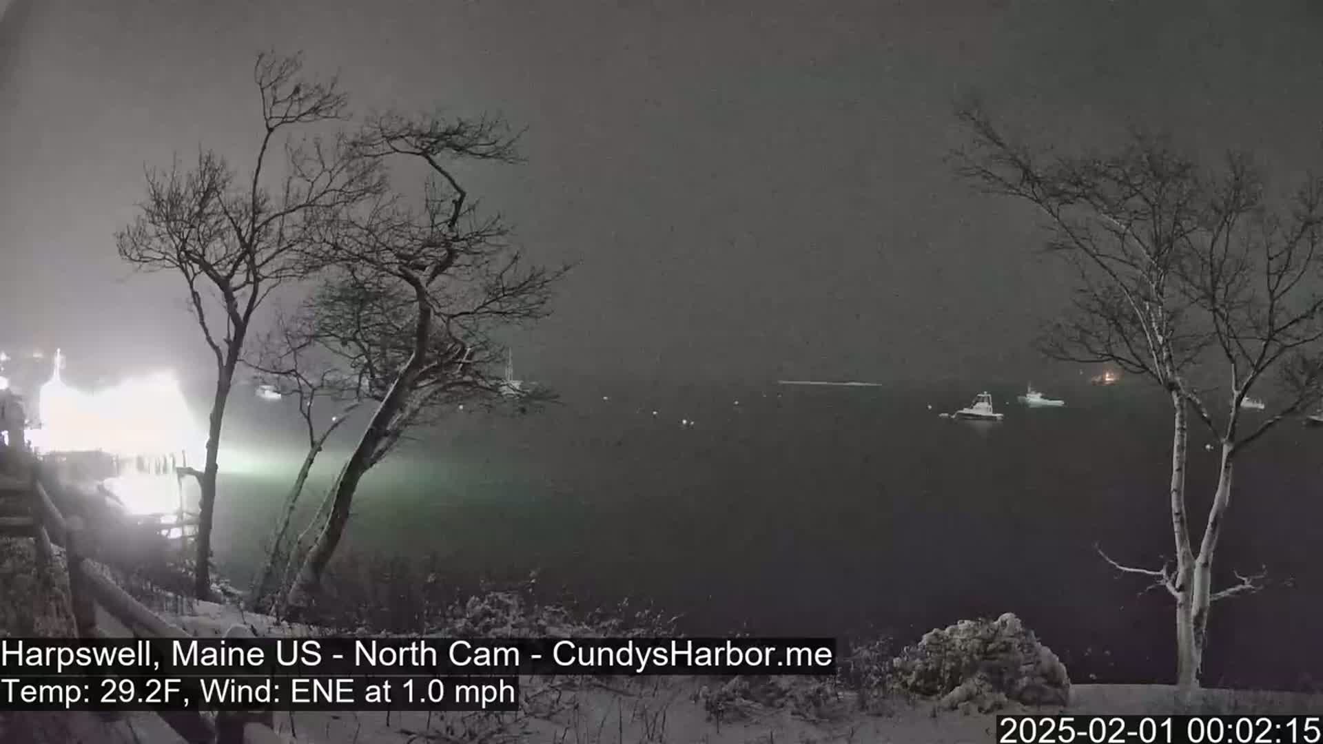 A snowy nighttime scene shows a body of water with several boats, viewed from a snow-covered shoreline with bare trees.