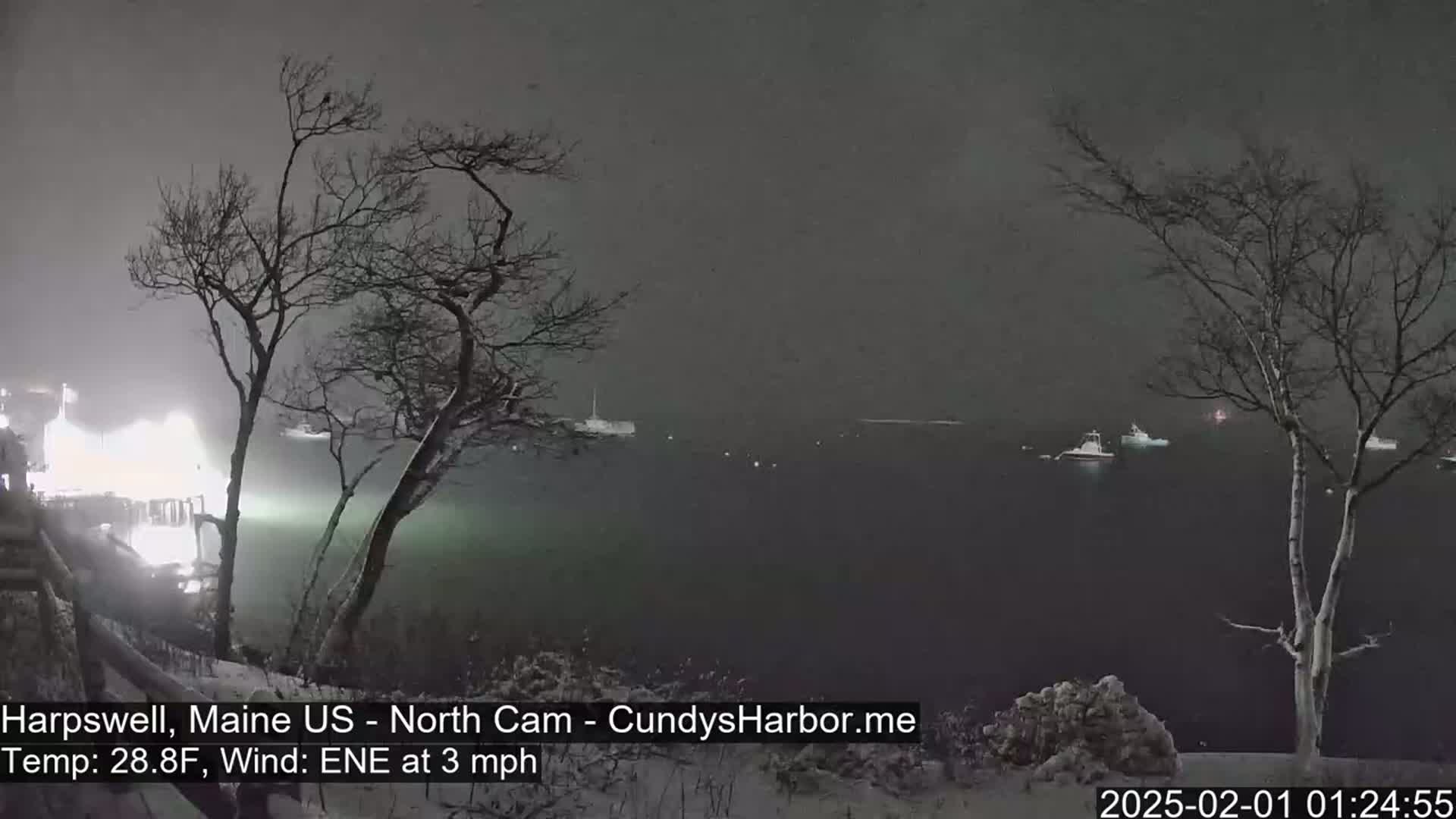 A nighttime snow scene shows a dark body of water with several boats, viewed from a snow-covered shoreline with bare trees under a gray sky.