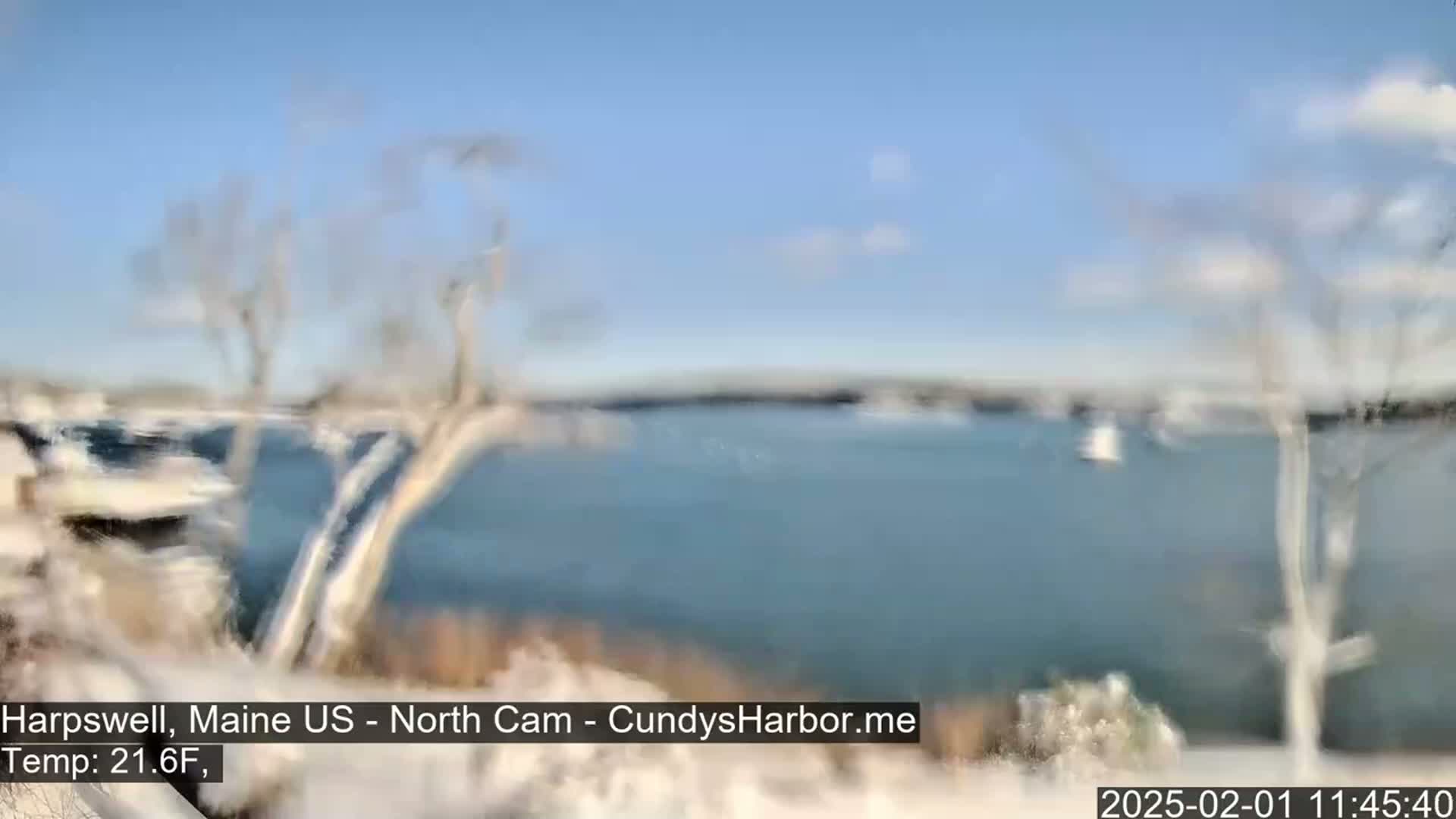 A partly cloudy, cold day is shown, overlooking a calm body of water with a few boats in the distance and snow-covered ground in the foreground.