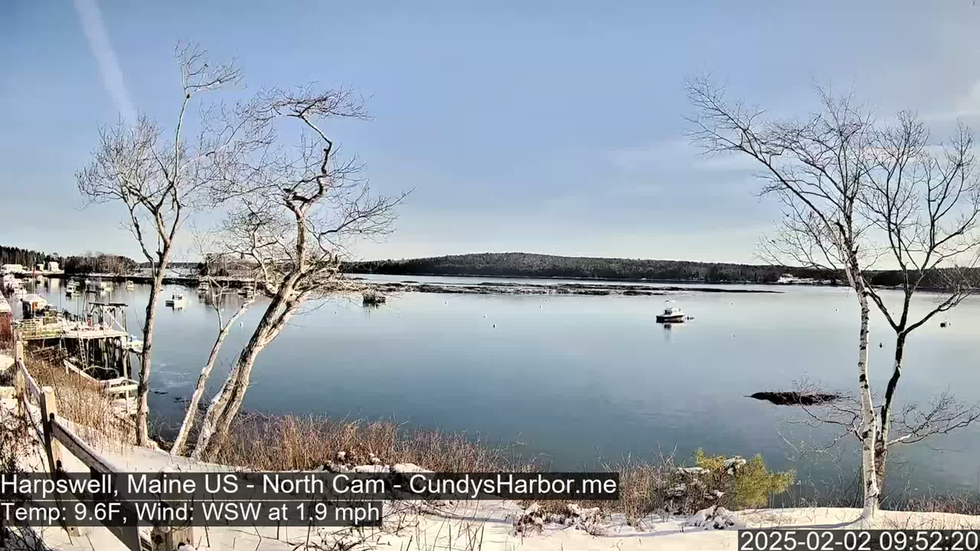 A snow-dusted shoreline overlooks a calm bay with several small boats, under a clear blue sky.