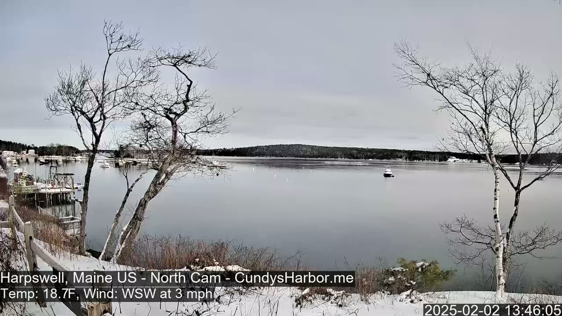 A snow-covered shoreline overlooks a calm body of water with several boats and a distant forested area under a cloudy sky.
