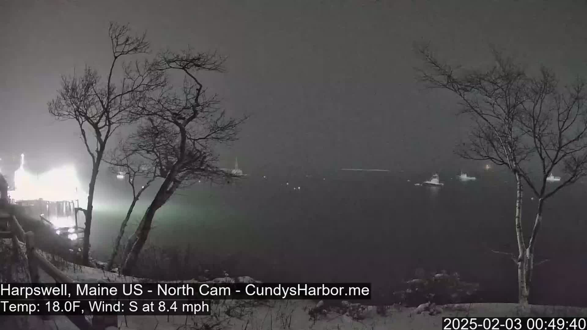 A nighttime, snowy scene shows a dark body of water with several boats, viewed from a snow-covered shoreline with bare trees under a heavy, gray sky.