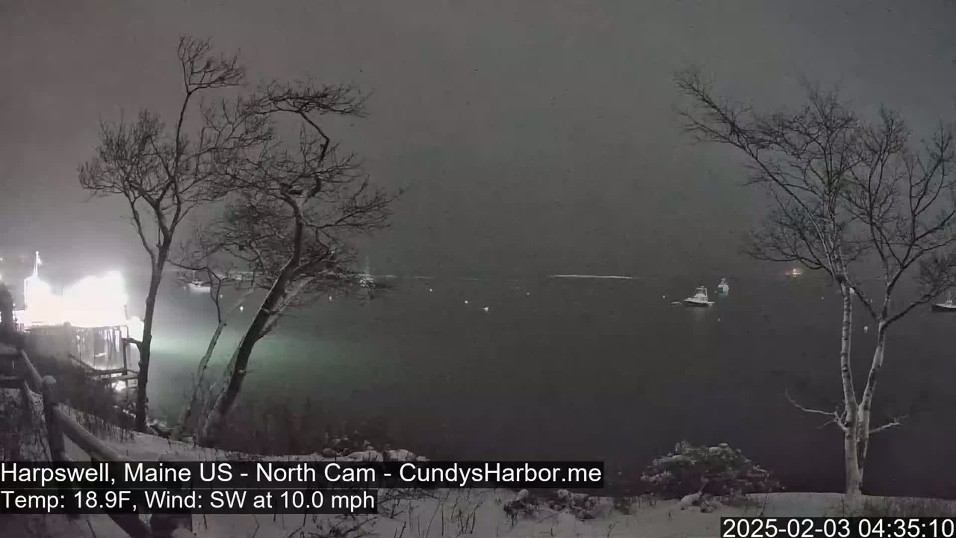 A snowy, nighttime scene shows a body of water with a few boats, illuminated by lights on a structure in the distance, with bare, snow-covered trees in the foreground under a gray, overcast sky.