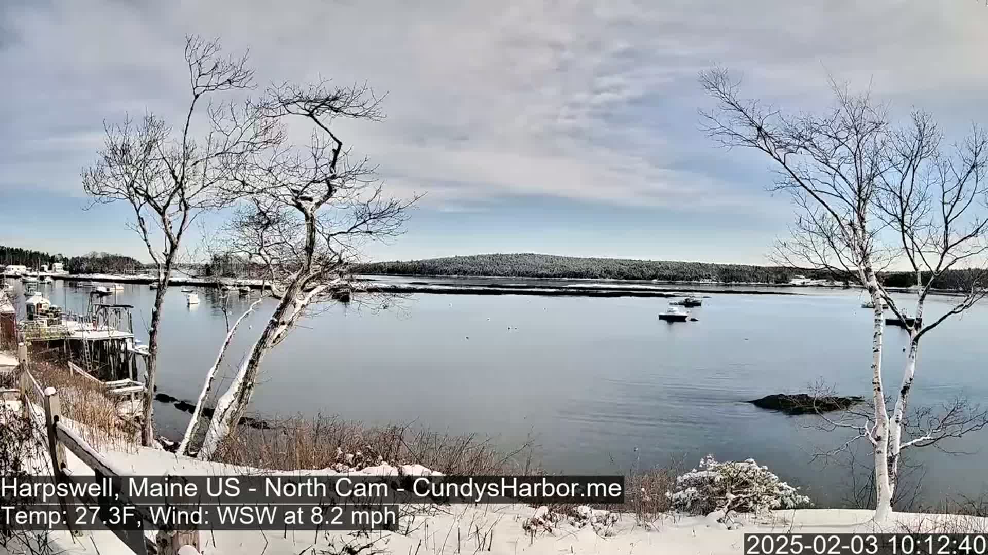 A snow-covered landscape shows a calm body of water with a few boats, surrounded by bare trees and a lightly snow-dusted shoreline under a partly cloudy sky.