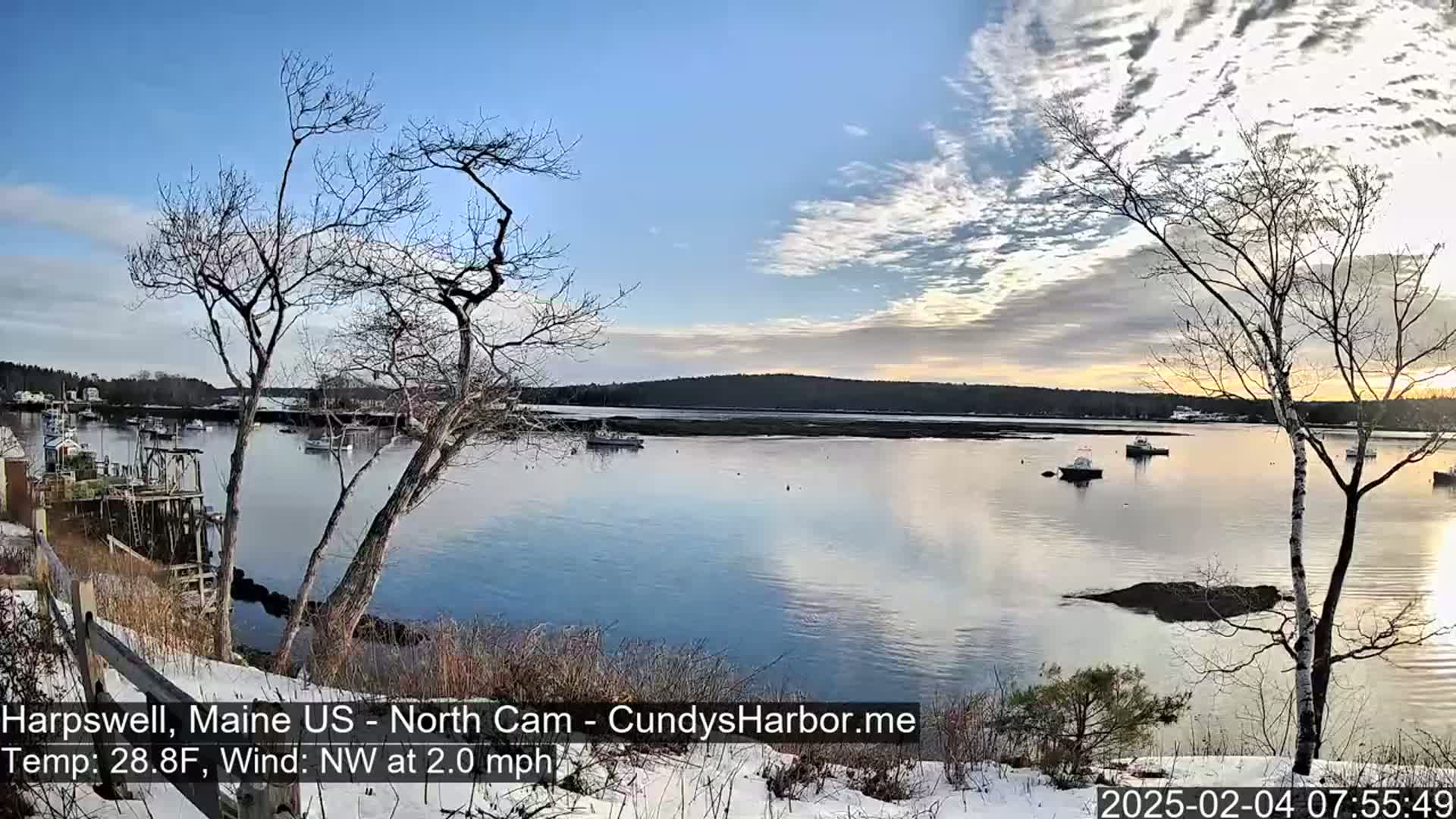 A calm body of water with several boats, viewed from a snow-covered shoreline with bare trees under a partly cloudy sky.