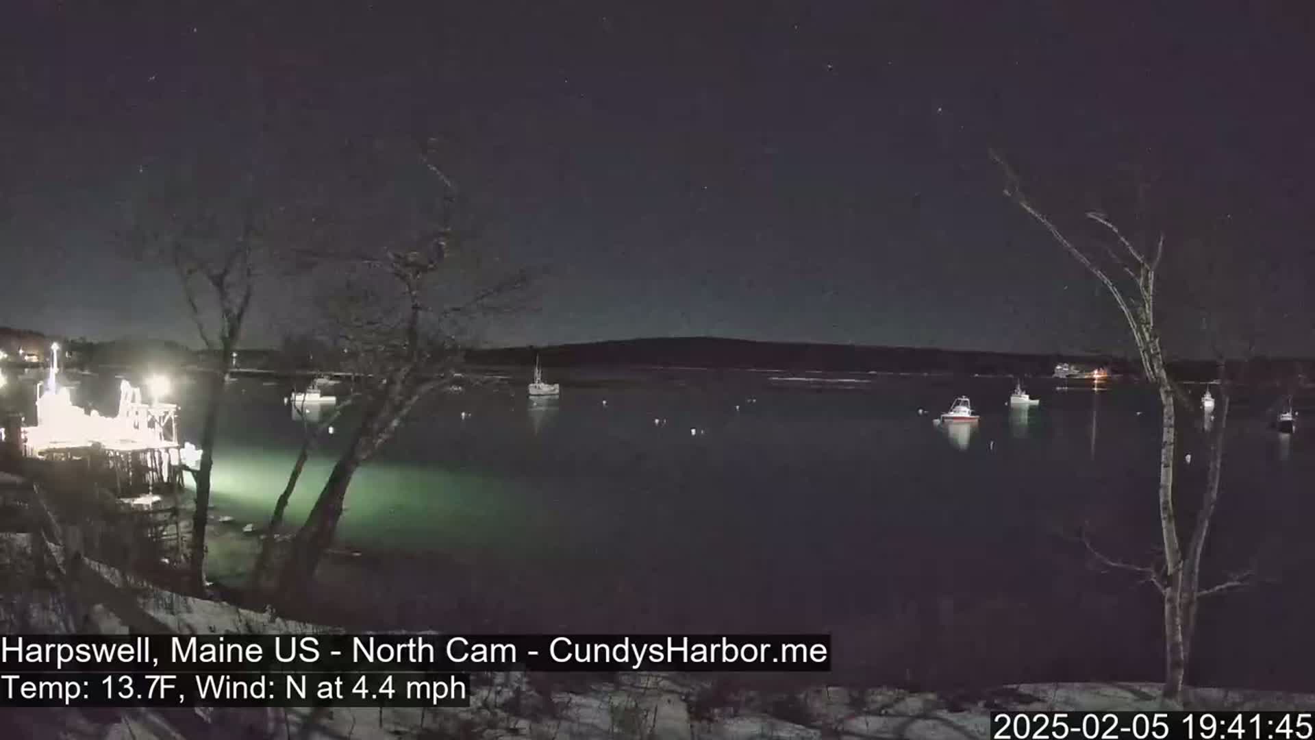 A nighttime view of a calm harbor with several boats, under a clear, starry sky.