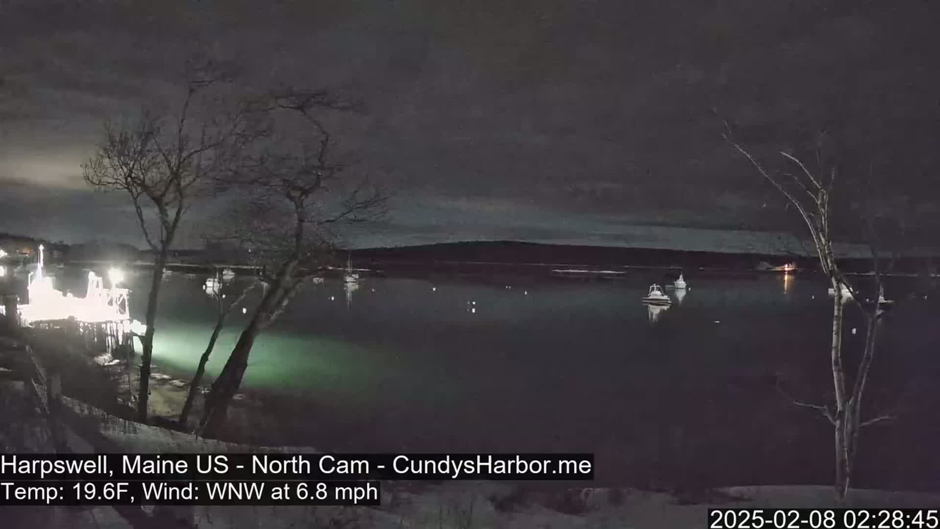 A nighttime view of a calm body of water with several boats moored, under a dark sky with a few faint clouds, and bare trees lining the shore.