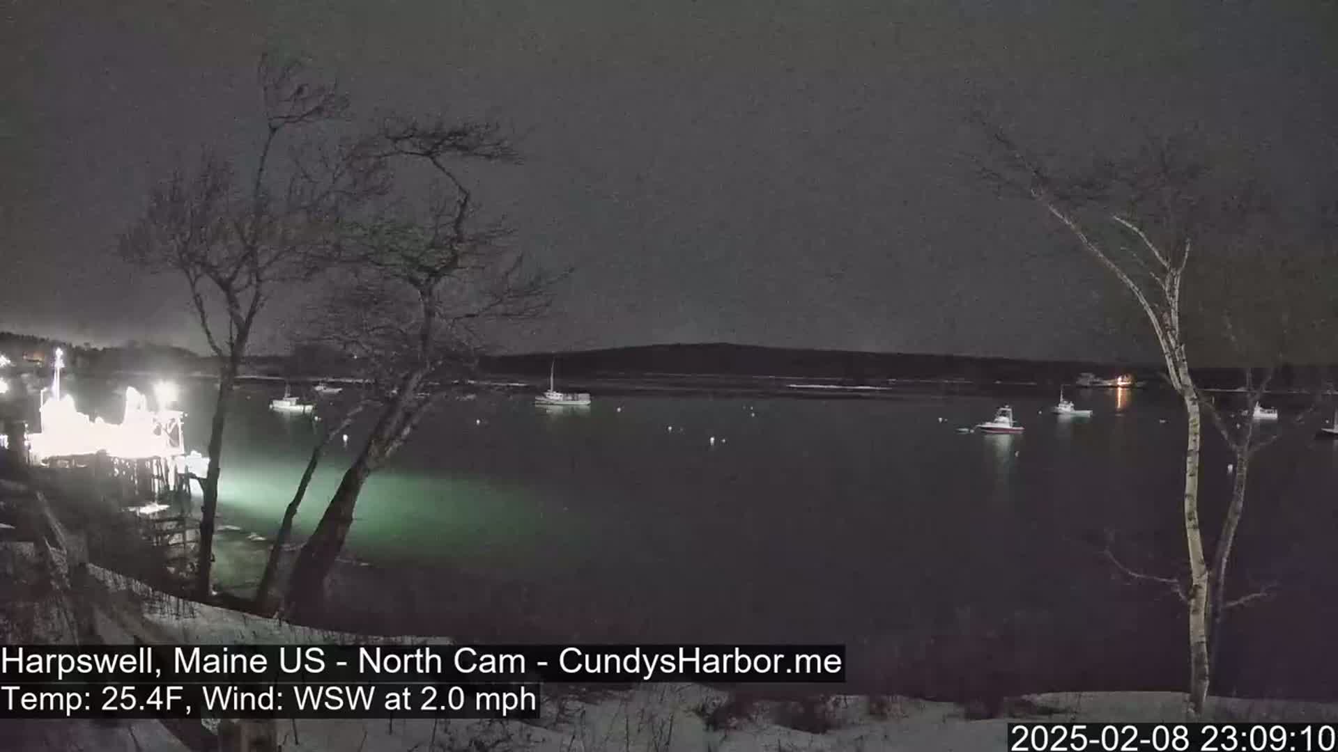 Several boats are moored in a dark, calm harbor at night under a gray sky.