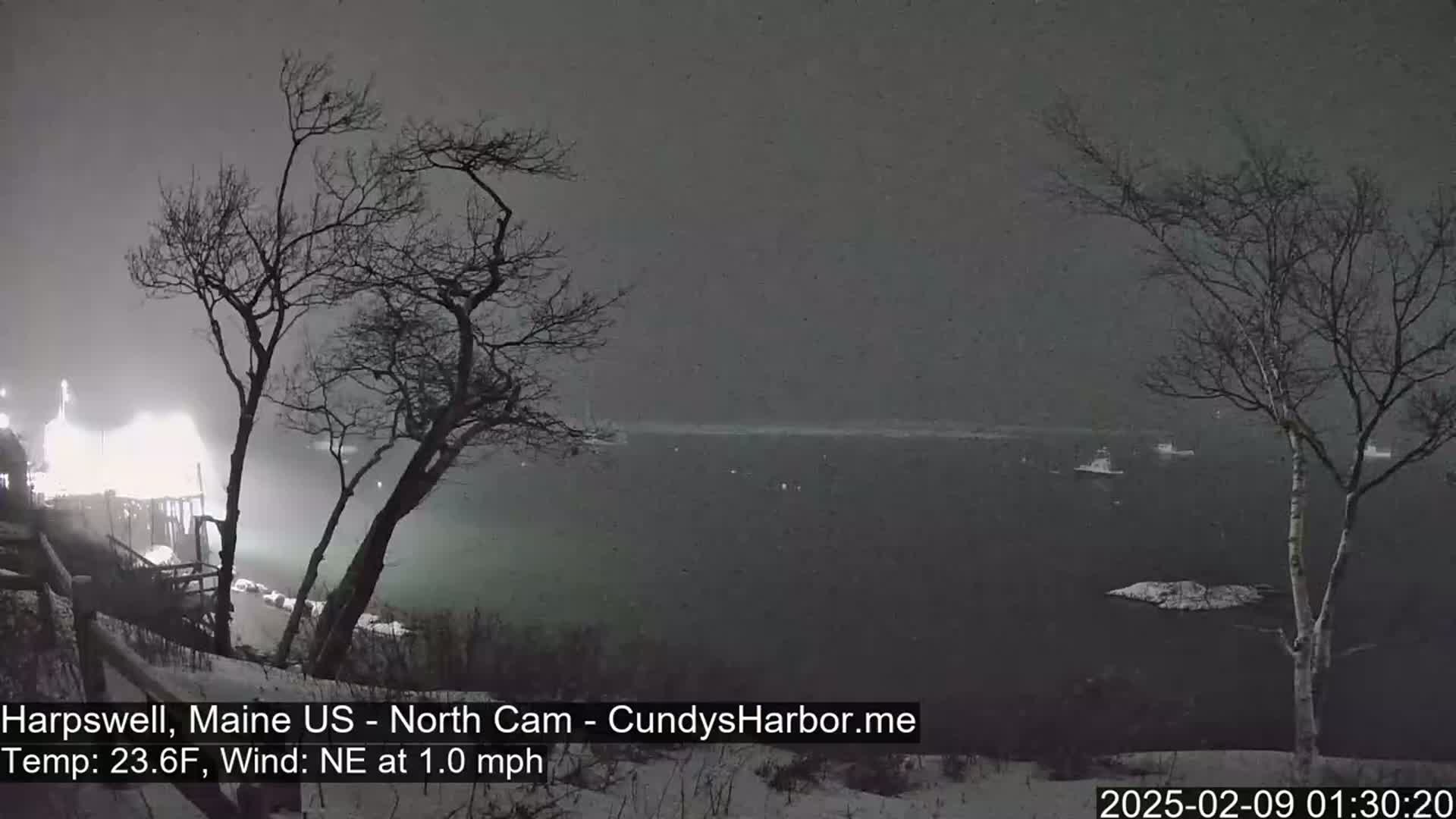 A snowy, nighttime scene shows a body of water with a few small boats, viewed from a snow-covered shoreline with bare trees in the foreground under a dark, overcast sky.