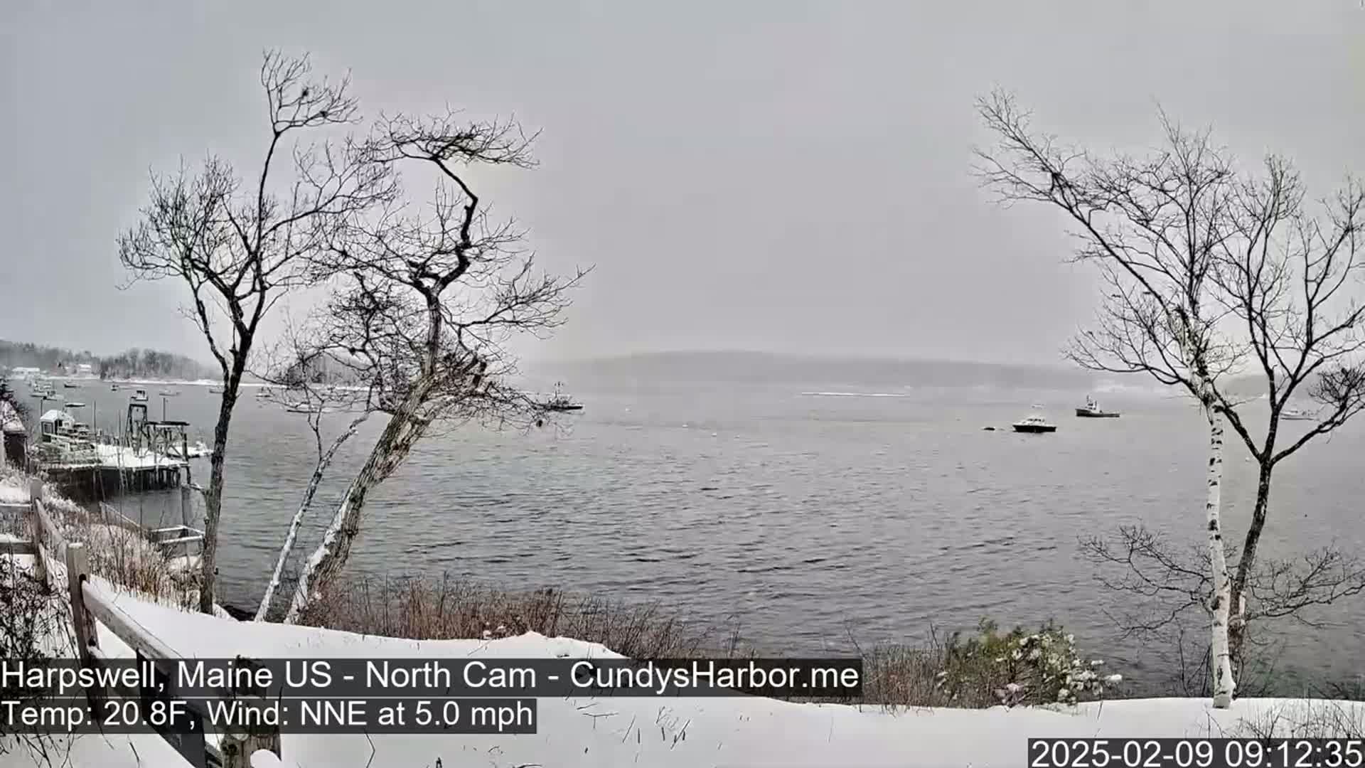 A snow-covered waterfront scene shows a calm body of water with a few boats, viewed from a snowy shoreline with bare trees under a gray, overcast sky.