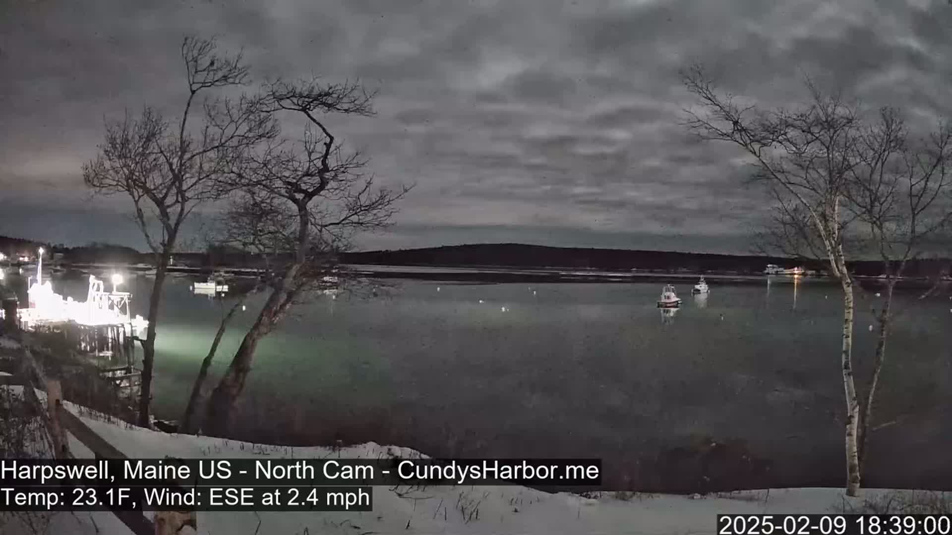 A dark, overcast night scene shows a calm body of water with a few boats, a dock with lights, and bare trees under a gray sky; snow is visible on the ground.