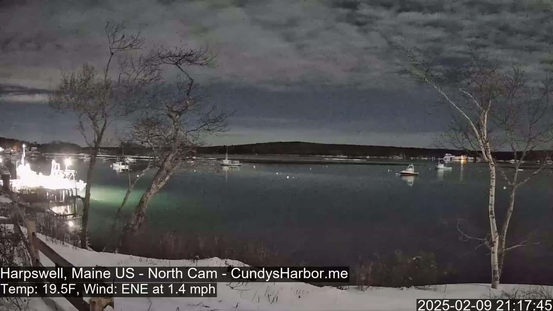 A nighttime view of a snow-covered harbor with several boats, under a cloudy sky.