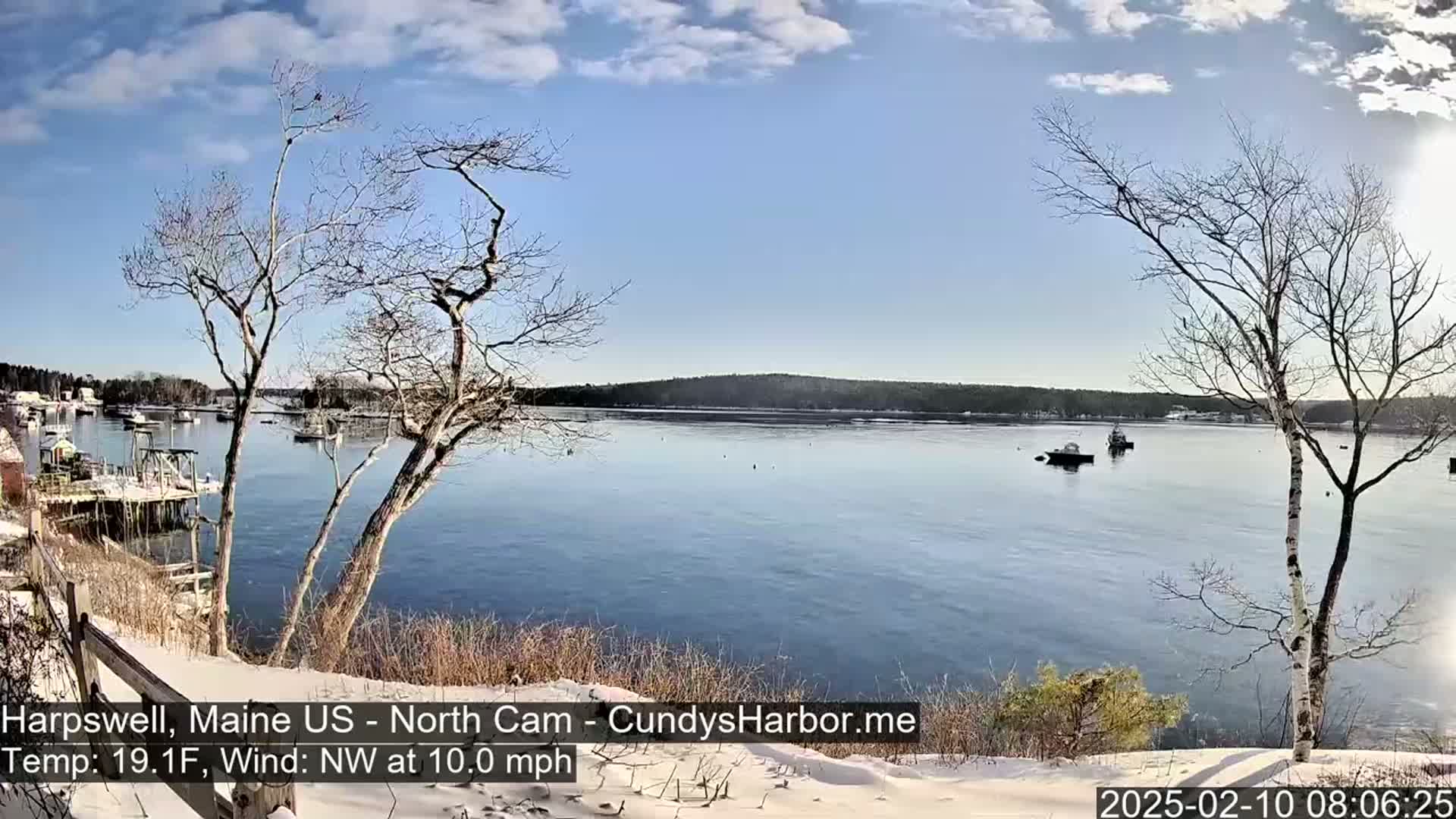 A snow-covered shoreline with bare trees overlooks a calm harbor containing several boats under a mostly sunny sky.