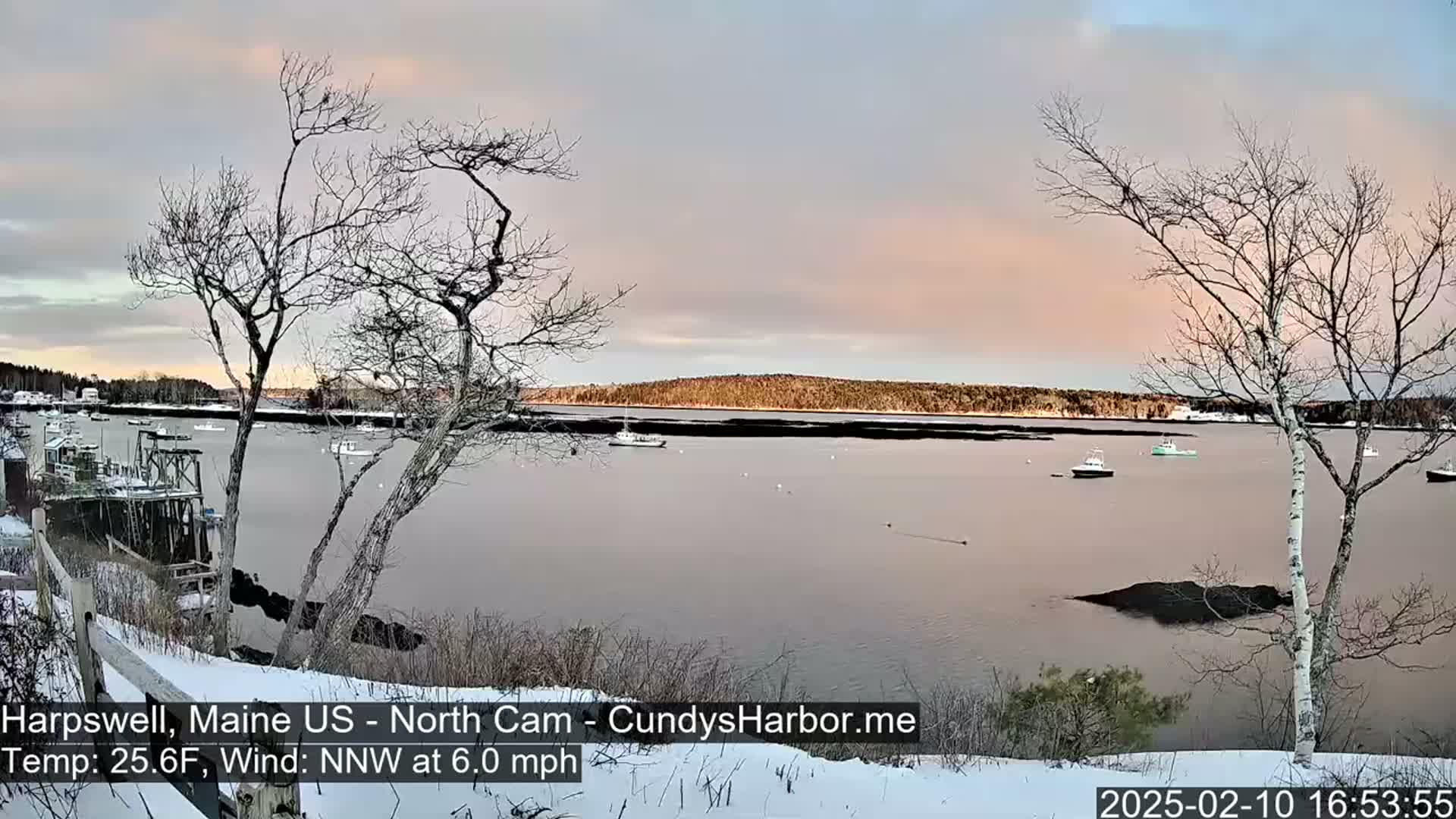 A snow-covered shoreline overlooks a calm bay with several boats, under a pale pink and gray sky.