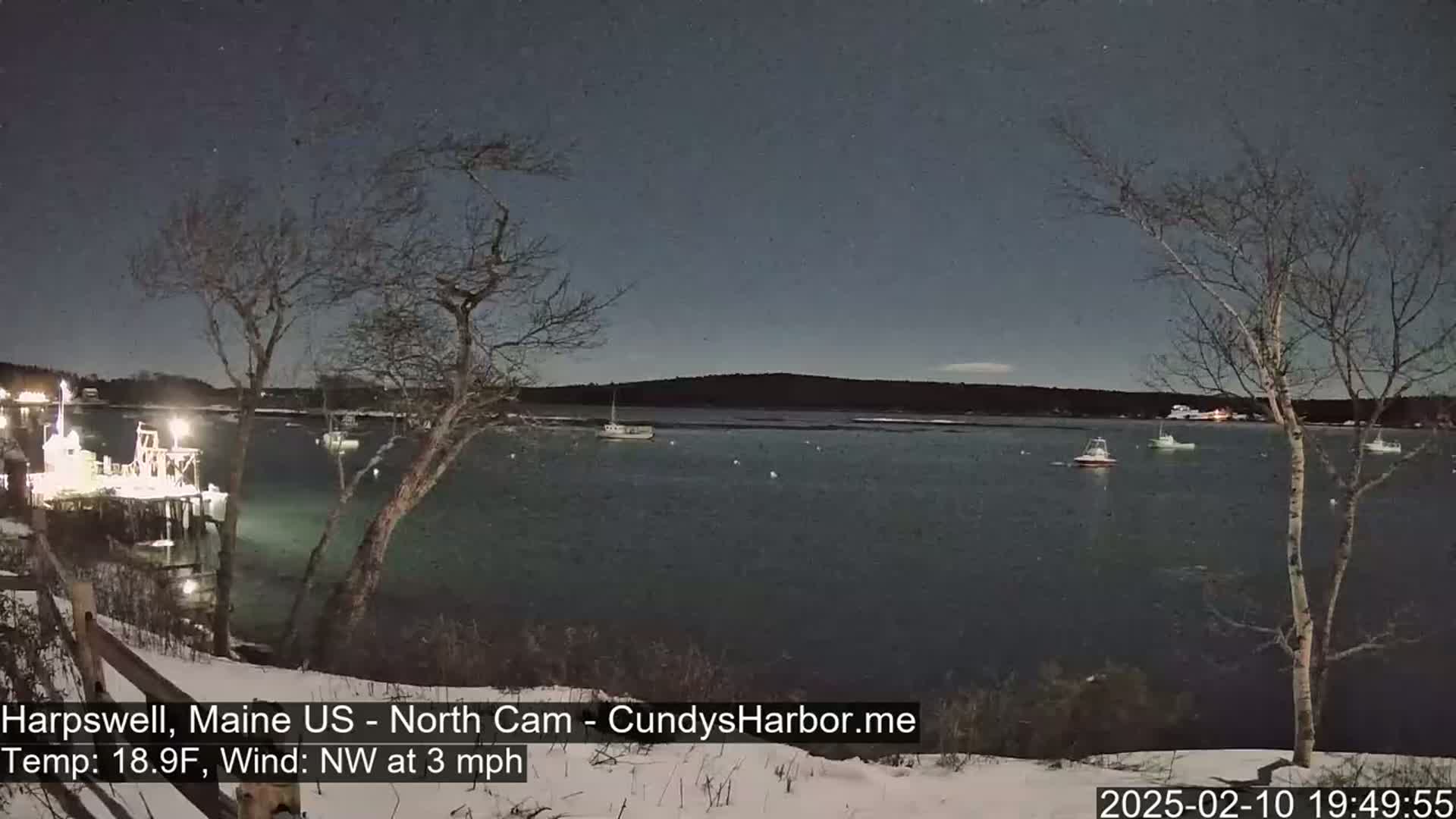 A nighttime view of a calm body of water with several boats, a dock, and snow-covered shoreline under a dark sky.