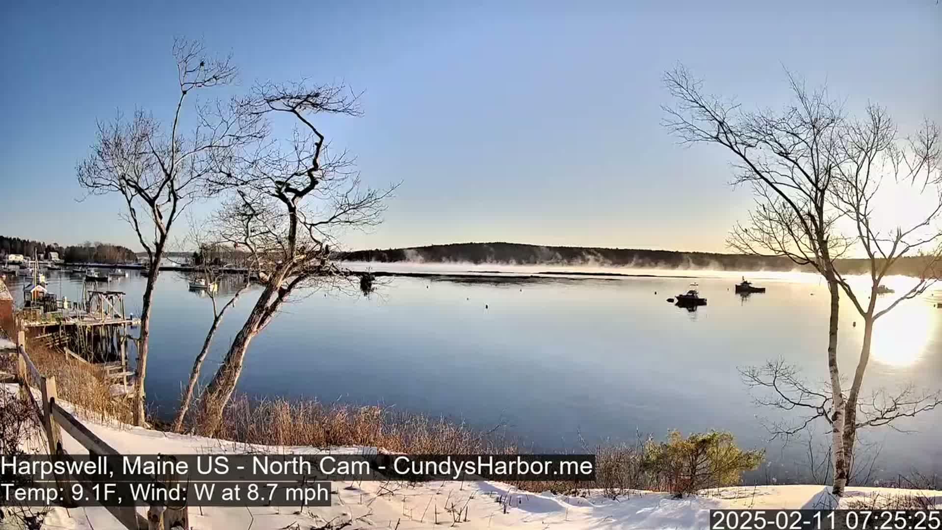 A snow-covered shoreline overlooks a calm harbor with several boats, under a clear blue sky and light fog rising from the water.