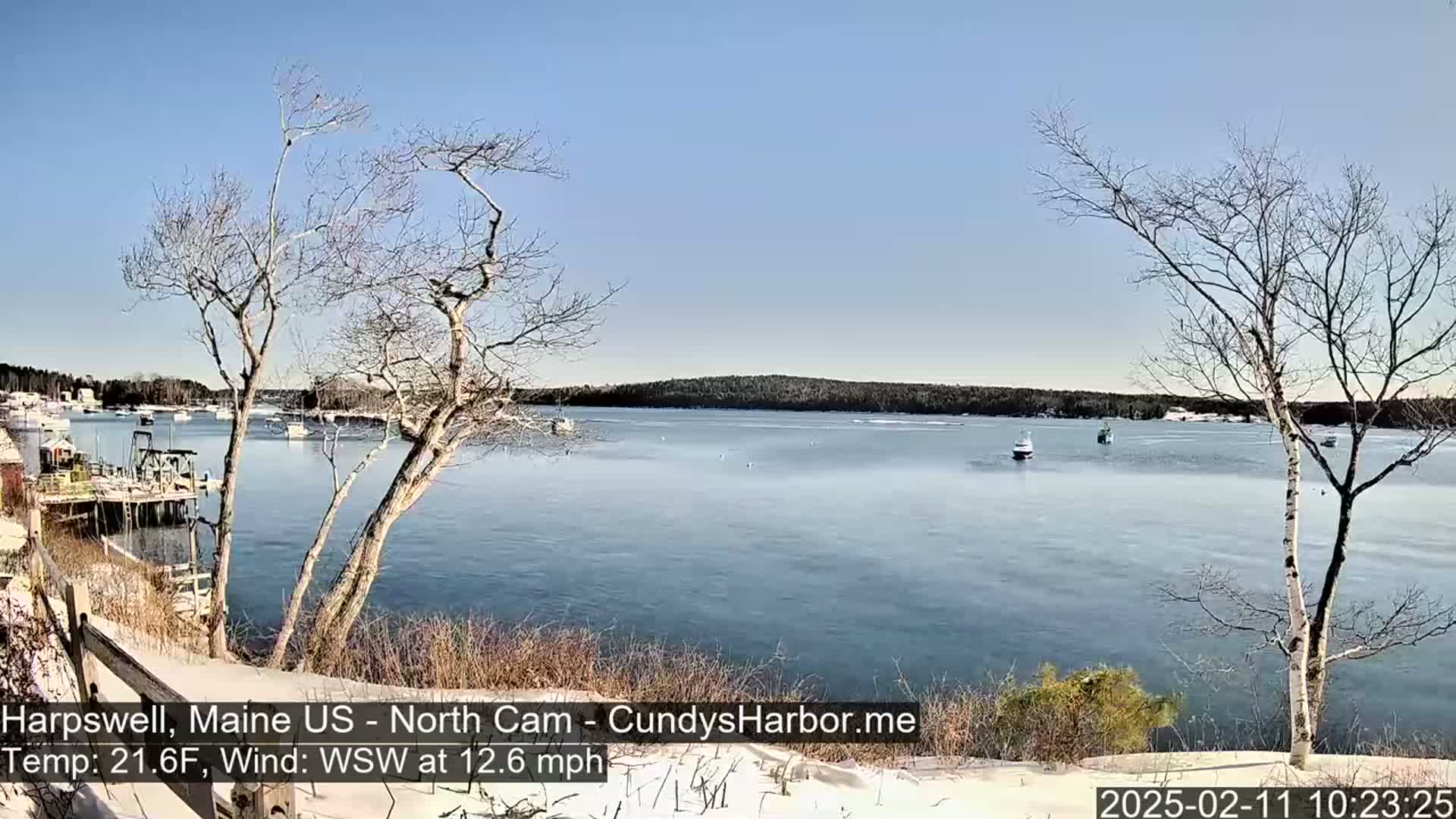 A partly frozen bay with a few boats, viewed from a snow-covered shoreline with bare trees under a clear blue sky.