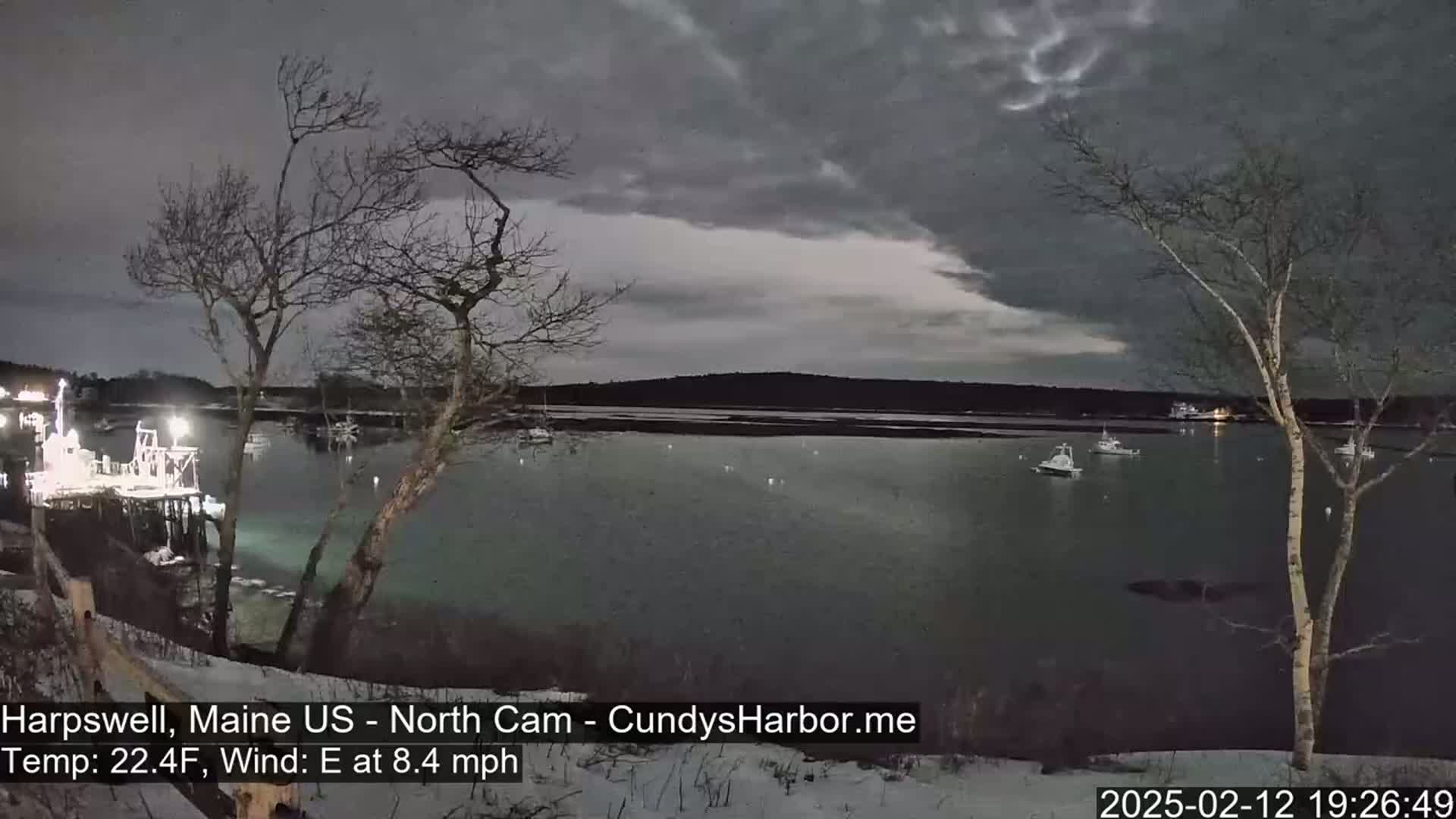 A dark, overcast evening scene shows a calm body of water with several boats, a dock, and bare trees under a mostly cloudy sky.