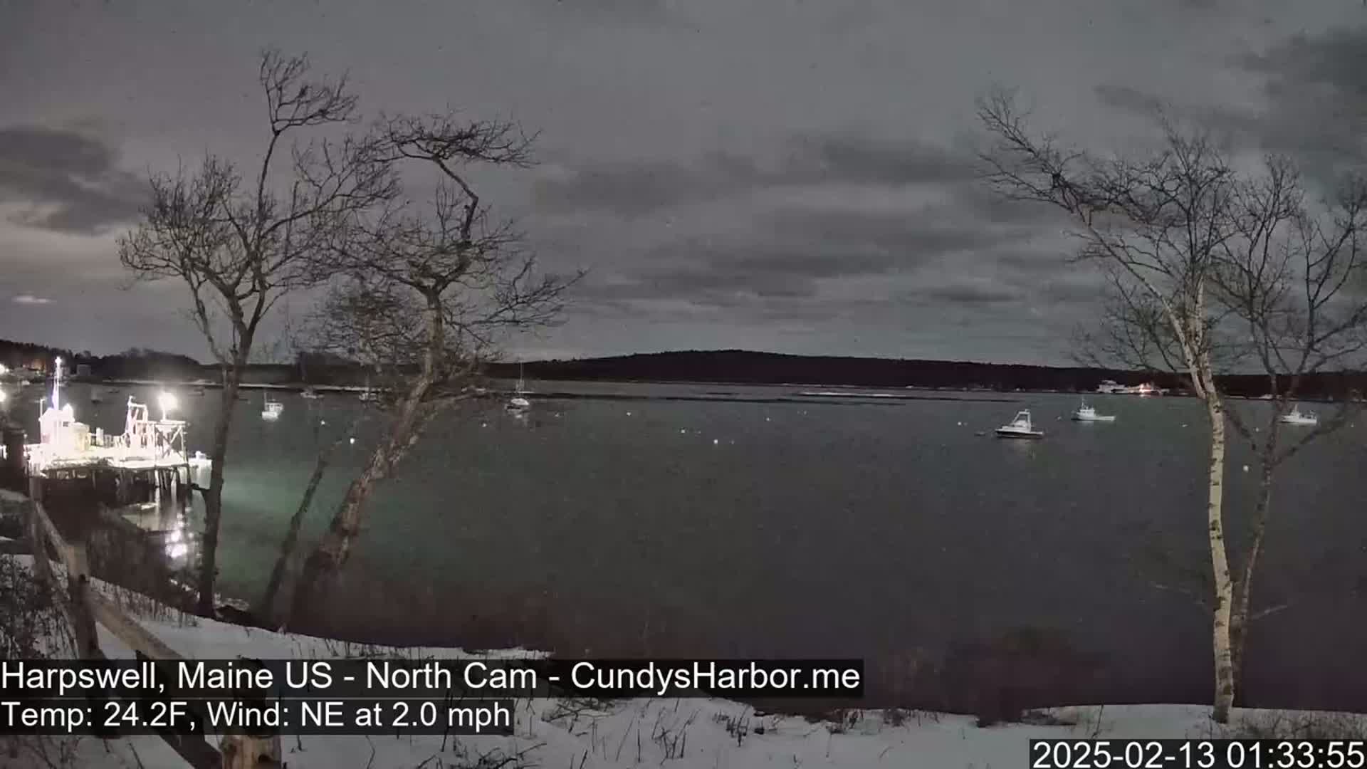 A dark, overcast night scene shows a calm body of water with several small boats, a dock with lights, and bare trees covered in snow on the shoreline.