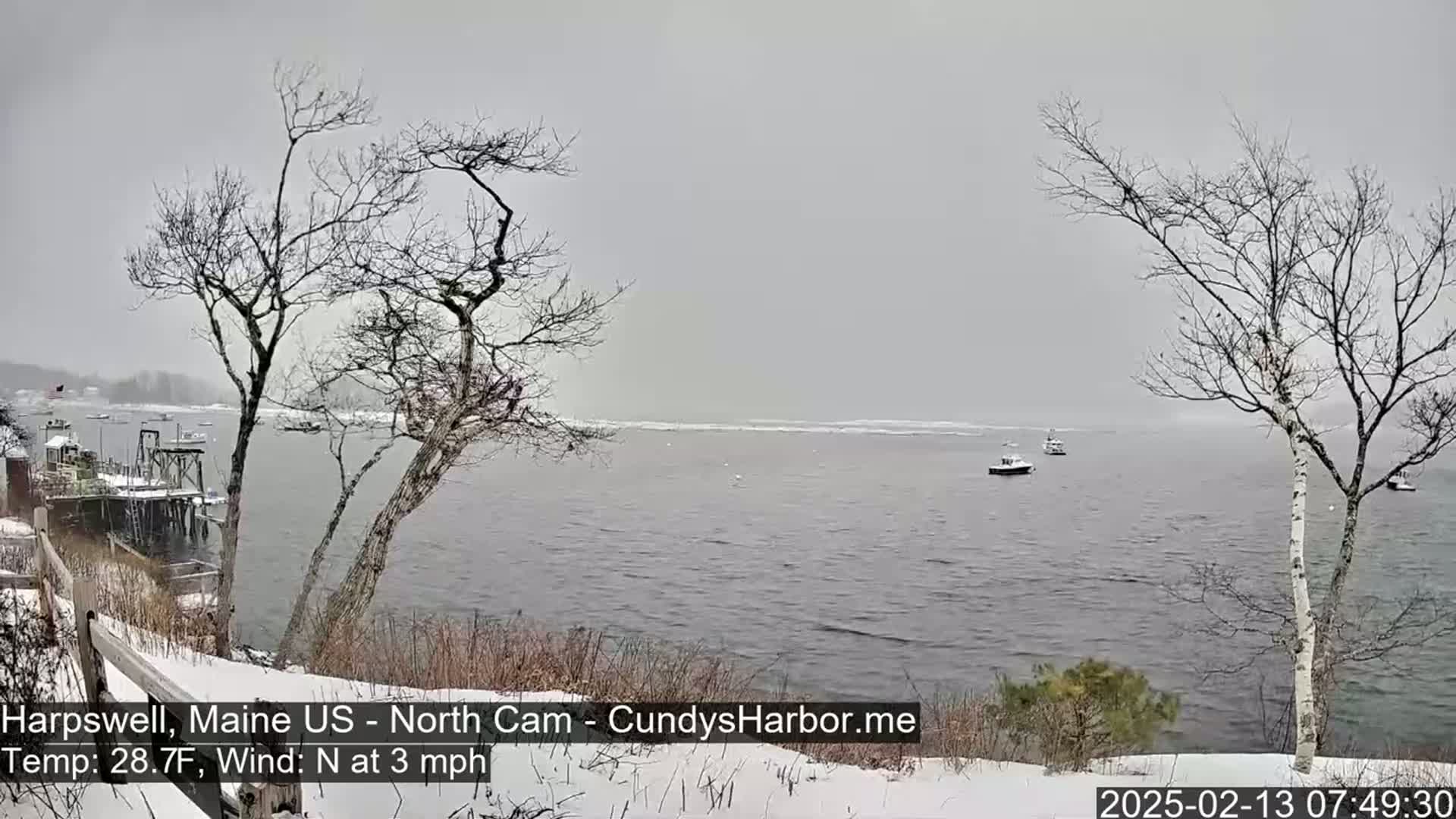 A snow-covered waterfront scene shows several boats on a gray, choppy body of water under a gray sky, with bare trees and a snow-covered shoreline in the foreground.
