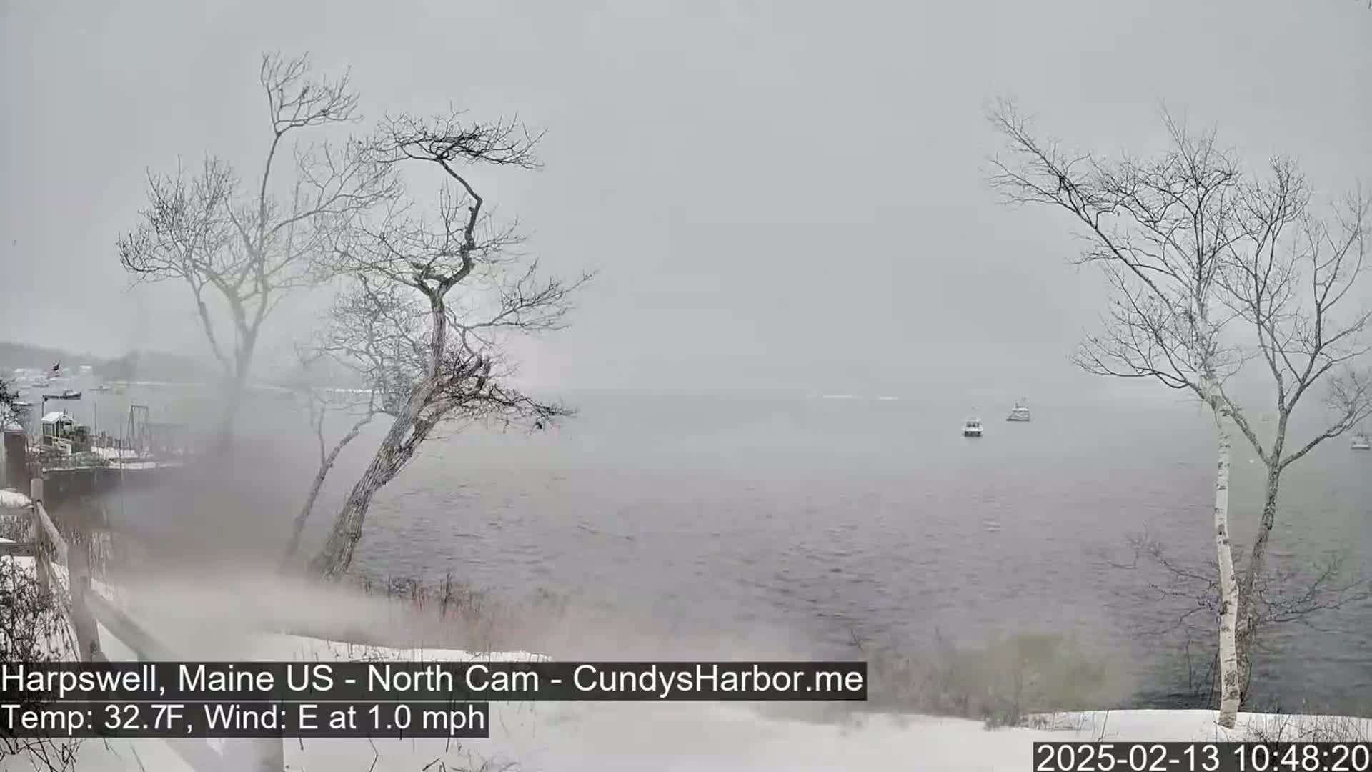 A snow-covered shoreline with bare trees overlooks a calm body of water where a few boats are visible under a heavy, gray sky.