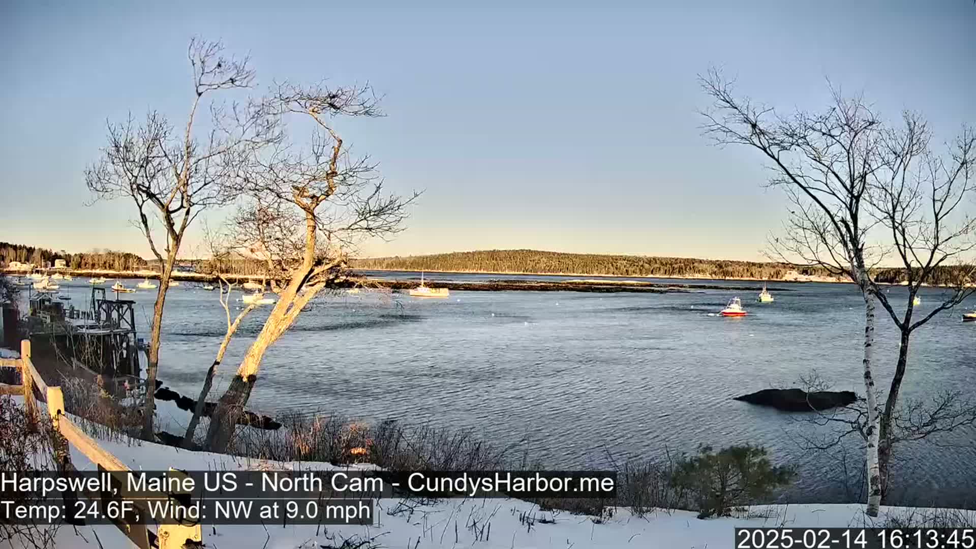 A calm body of water with several boats, viewed from a snow-covered shoreline with bare trees under a clear sky.