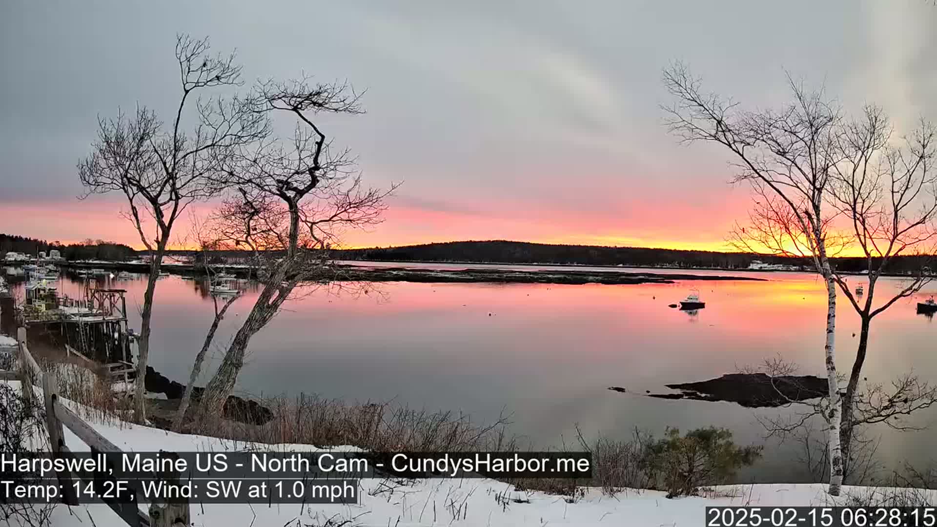 A pink and orange sunrise over a calm harbor with several boats, viewed from a snow-covered shoreline with bare trees.