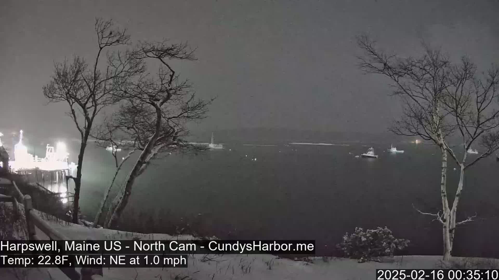 A snow-covered shoreline at night shows a body of water with several boats, a lit structure on the left, and bare trees dusted with snow.