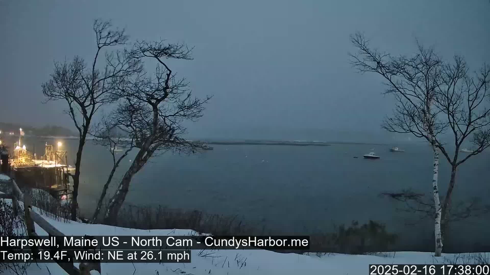 A snow-covered landscape shows a calm body of water with a few boats, under a gray, overcast sky, with bare trees in the foreground.