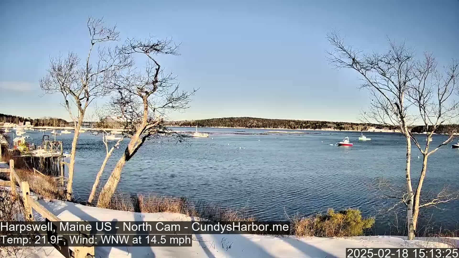 A snow-covered shoreline overlooks a calm body of water with several boats, under a clear, sunny sky.