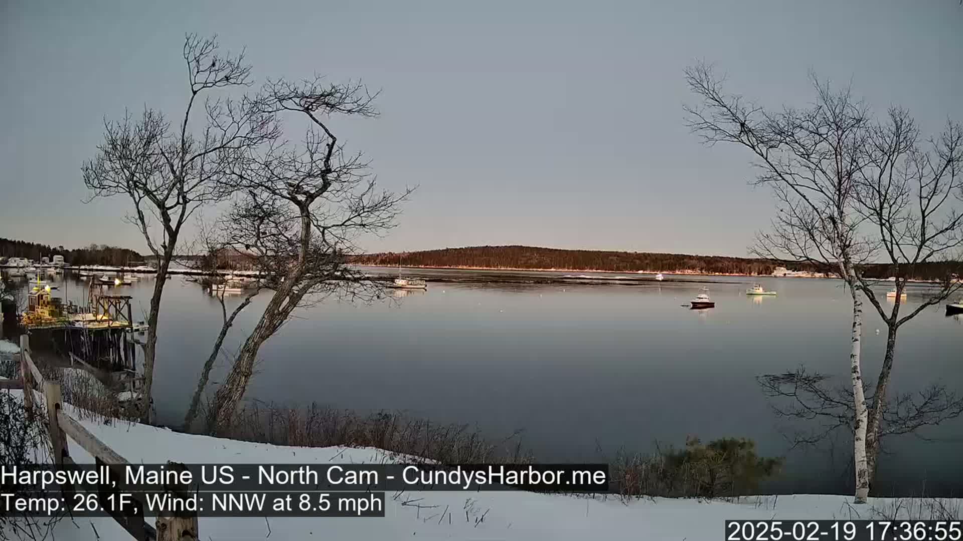 A calm, twilight view of a harbor with several boats, snow-covered ground, and bare trees under a clear sky.