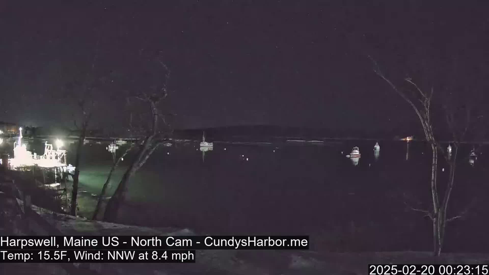 A nighttime view of a harbor with several boats moored, under a clear, starry sky, with a temperature of 15.5°F and a north-northwest wind at 8.4 mph.