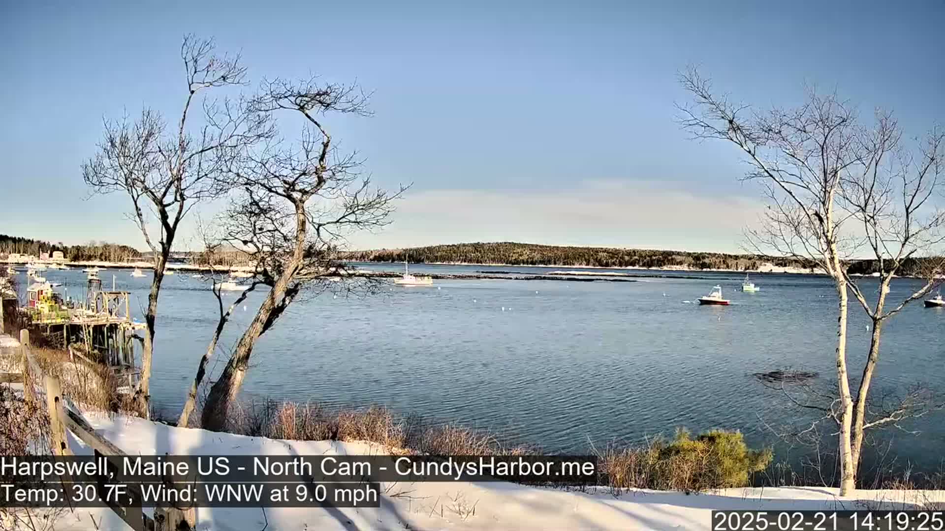 A partly sunny, cold day with a WNW wind shows a snow-covered shoreline overlooking a calm bay with several small boats, and bare trees in the foreground.