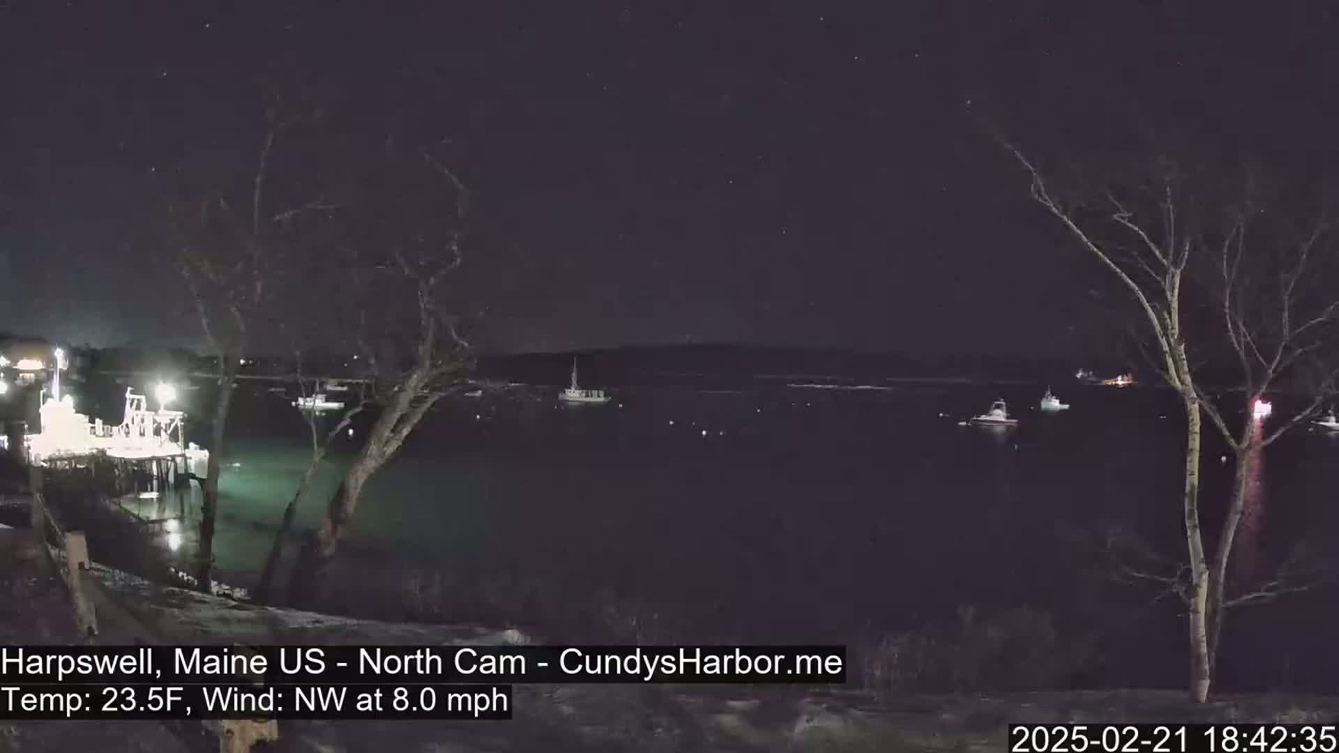 A nighttime view of a harbor with several boats, lit docks, and bare trees under a clear, starry sky, with a northwest wind at 8 mph and a temperature of 23.5 degrees Fahrenheit.