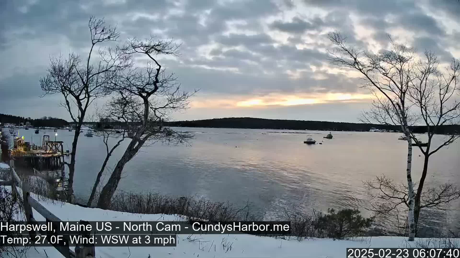 A snow-covered shoreline shows bare trees overlooking a calm bay with several boats under a partly cloudy, pale sky at sunrise.