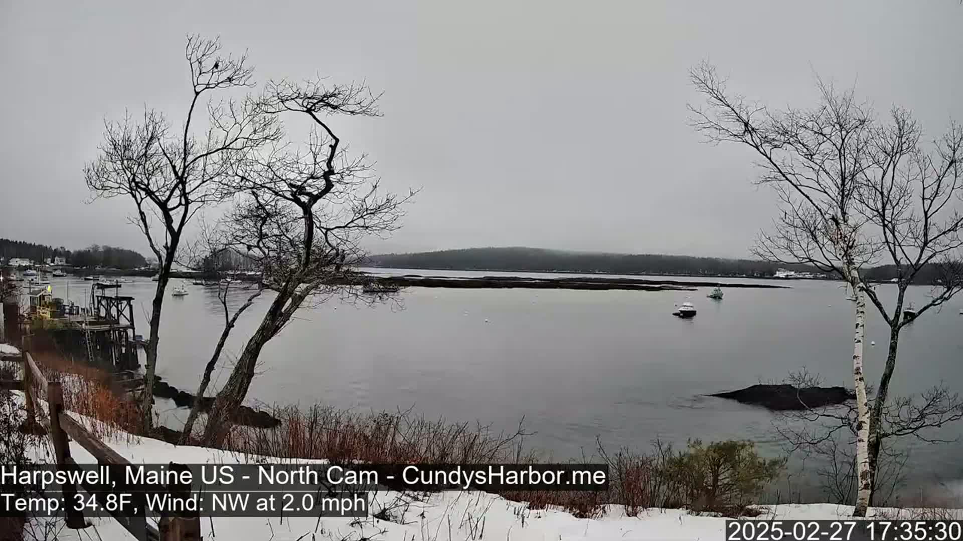 A calm, gray day shows a snow-dusted shoreline with bare trees overlooking a harbor containing several small boats.