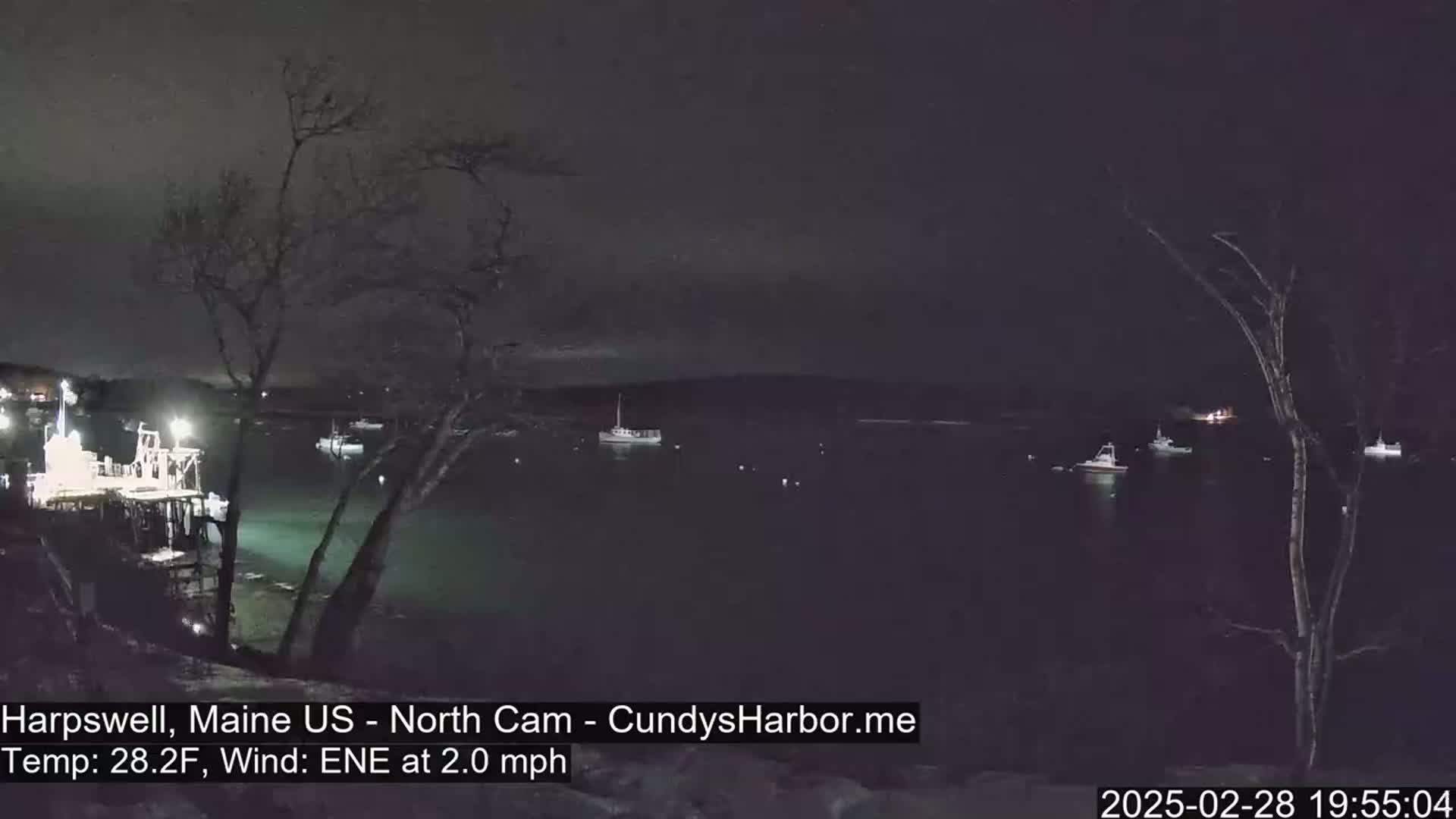 A nighttime view of a harbor with several boats moored, under a dark sky with a gentle east-northeast wind.