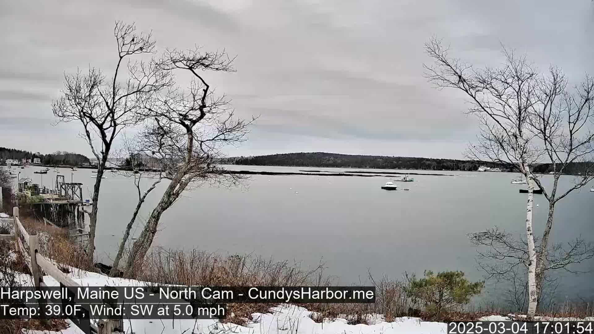 A snow-dusted waterfront scene shows a calm bay with a few boats under an overcast sky.