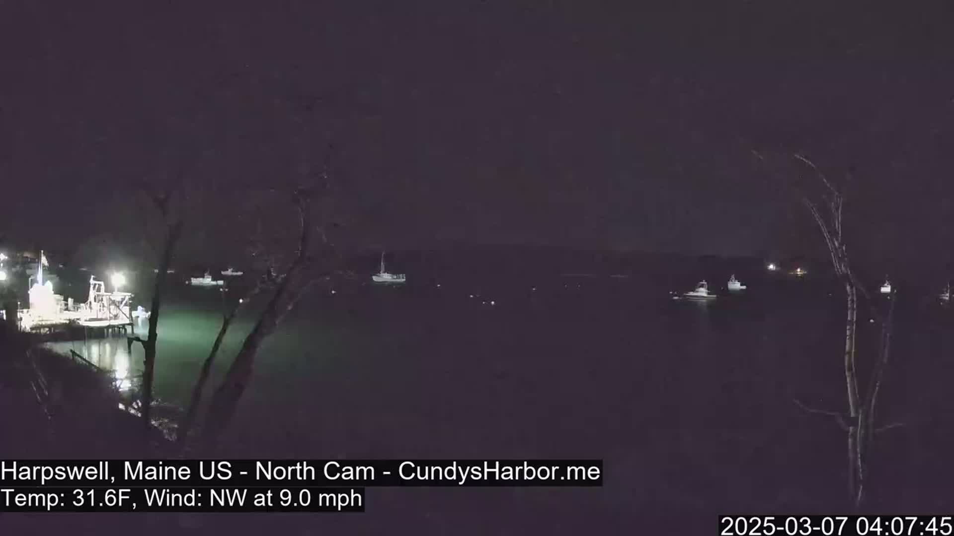 A nighttime view of a harbor with several boats moored near a dock under a dark sky with a northwest wind.