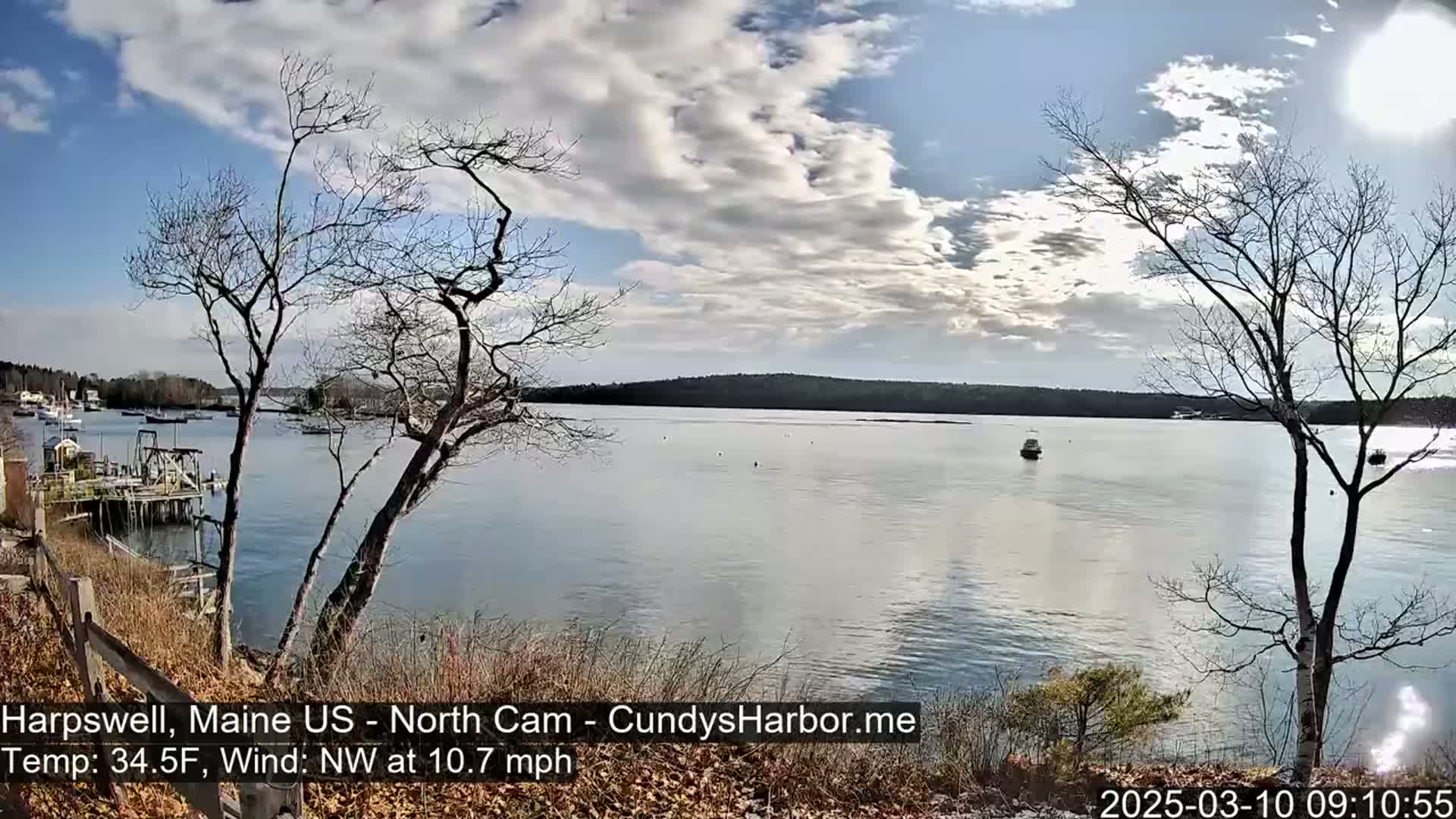 A partly cloudy day shows a calm body of water with boats, viewed from a shoreline with bare trees and some low-lying vegetation.