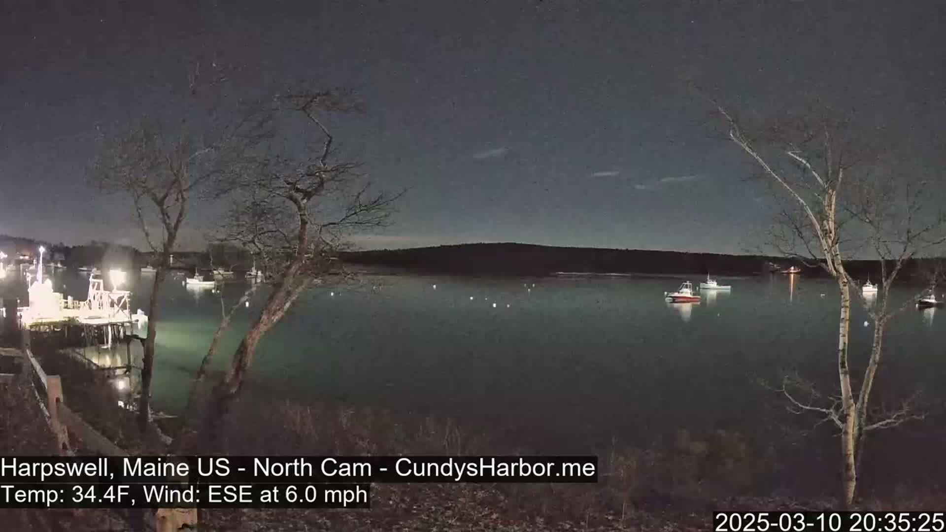 A nighttime view of a calm harbor with several boats moored, under a dark sky with a few stars visible.