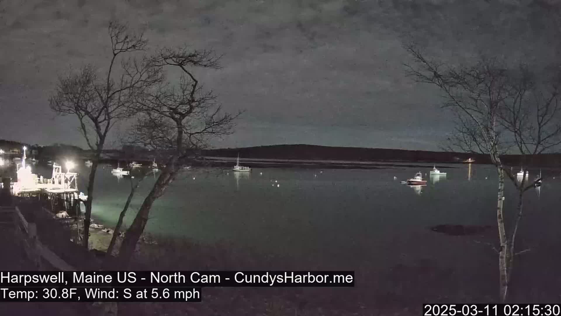 Several boats are moored in a dark, calm harbor at night under a cloudy sky.