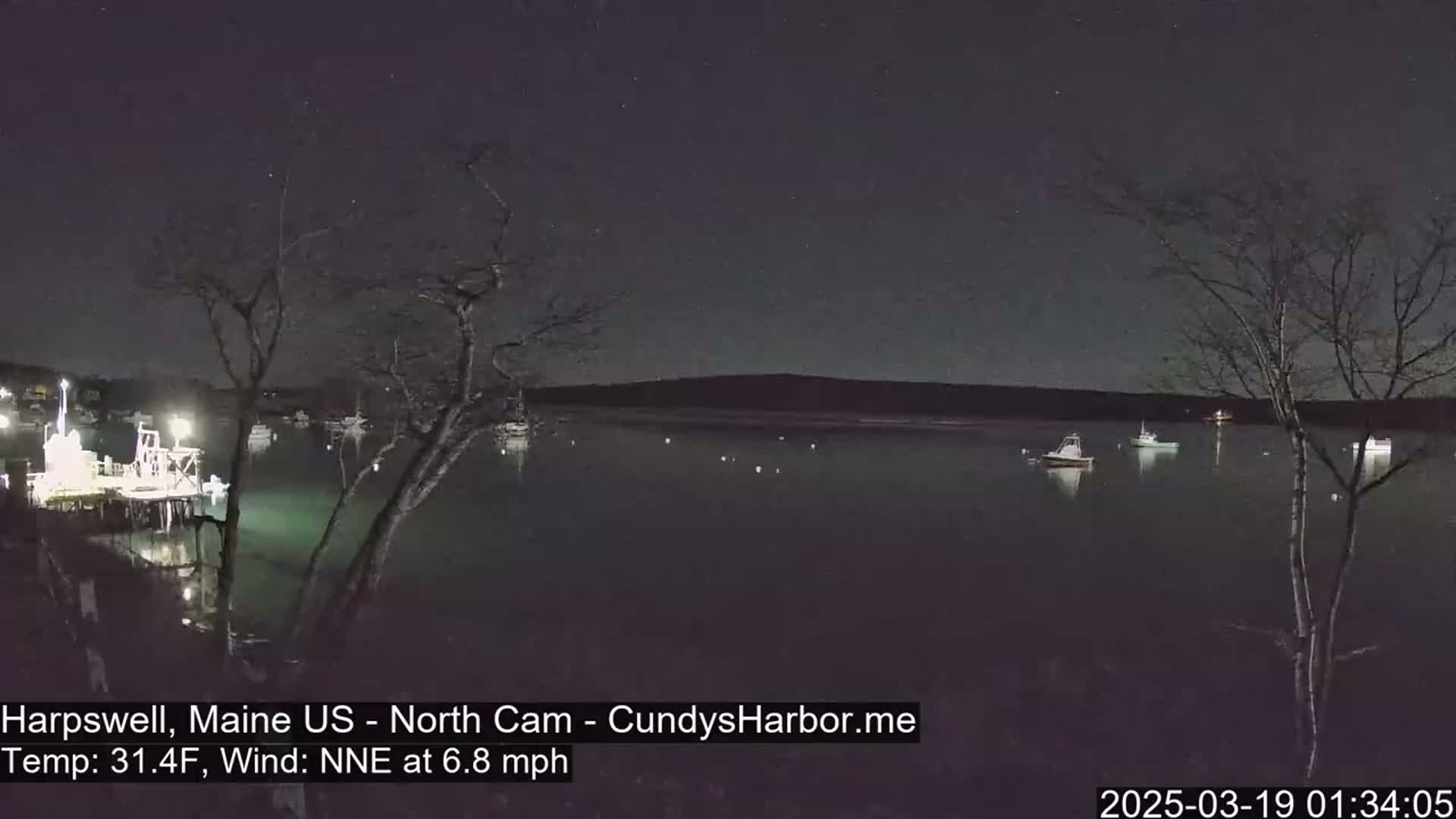 A nighttime view of a calm harbor with several boats moored, under a clear, starry sky, and a light wind.